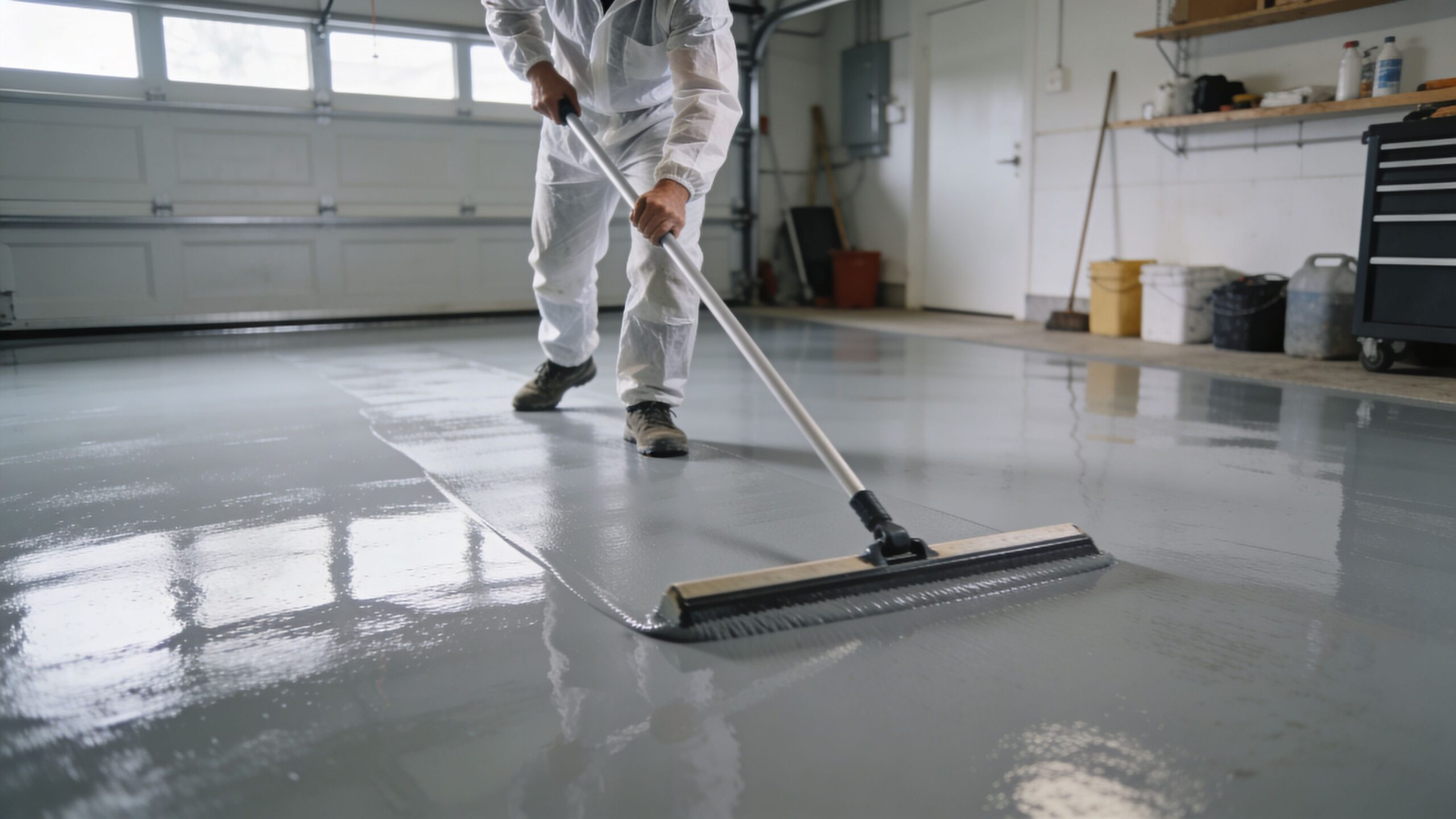 En mand i hvid beskyttelsesdragt påfører glat, grå epoxymaling på et garagegulv med en langskaftet gummiskraber.