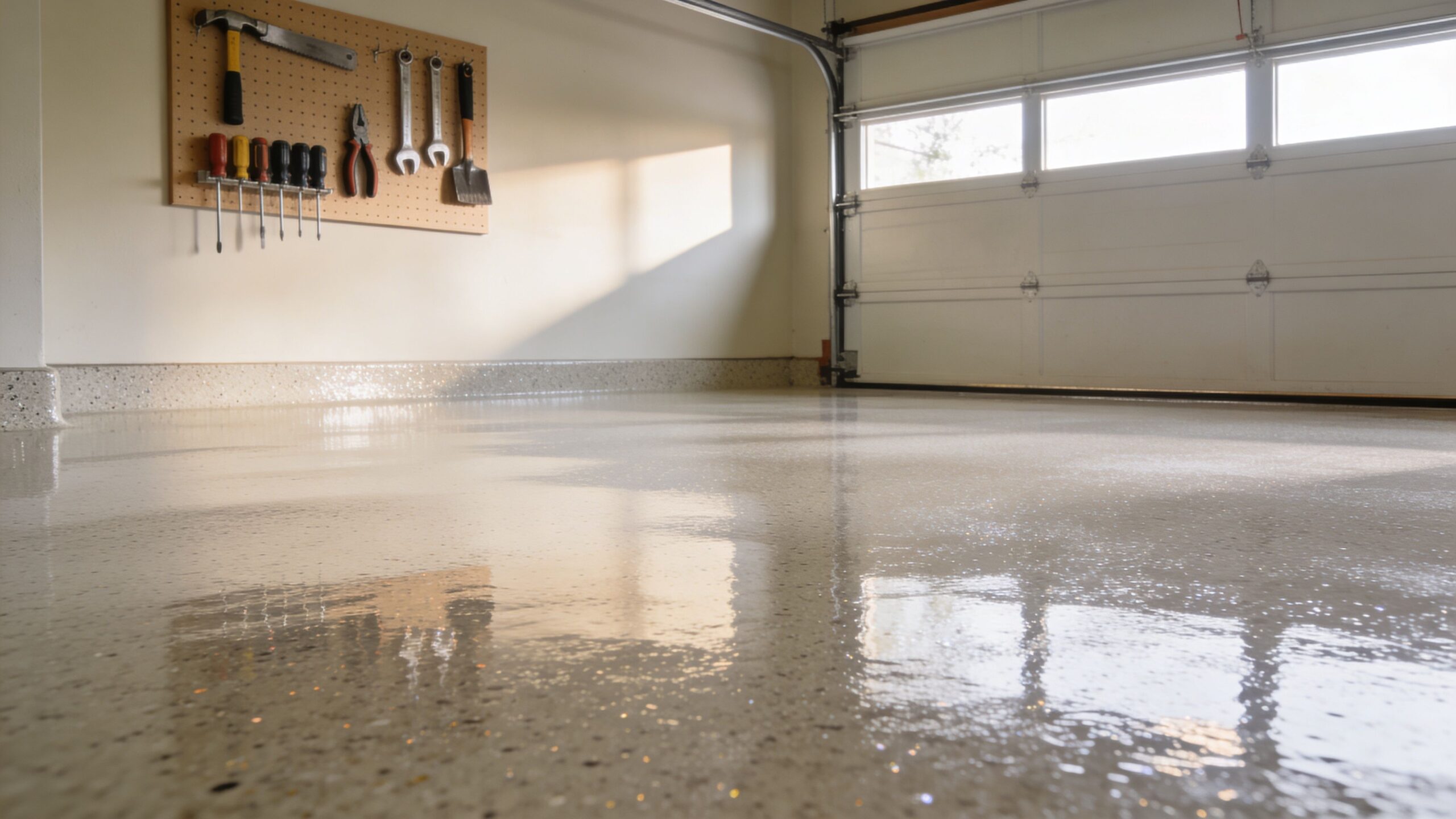 Et moderne garagegulv med blank epoxybelægning, der reflekterer lyset og vægværktøj i en ryddelig garage.