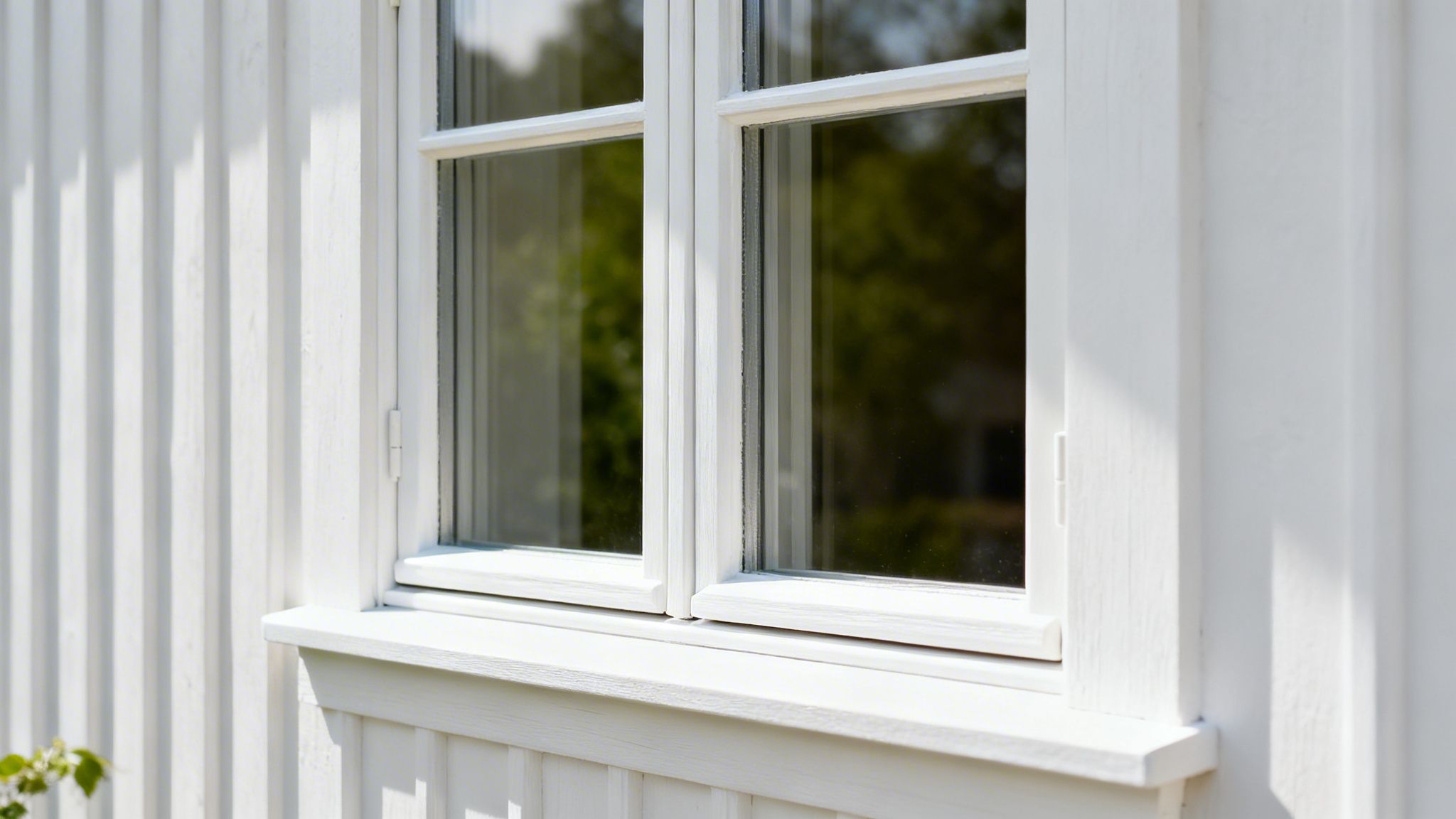 Nærbillede af et hvidt trævindue med sprosser og en vindueskarm i en hvid panelvæg, der reflekterer grønne træer.