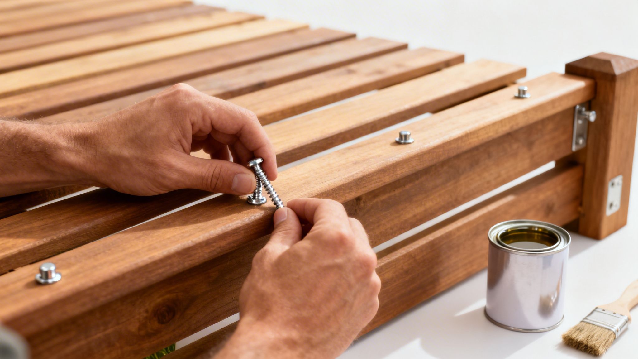 Hænder samler et træhegn med skruer og bolte, med træbeskyttelse i baggrunden.