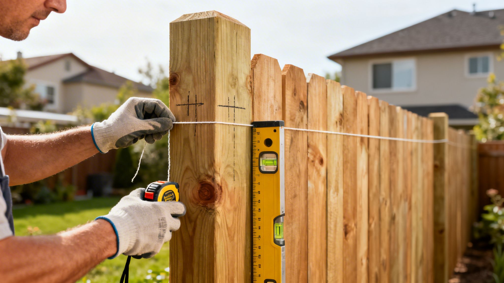 Mand i handsker opsætter træhegn, bruger målebånd, vaterpas og snor til at sikre præcision.