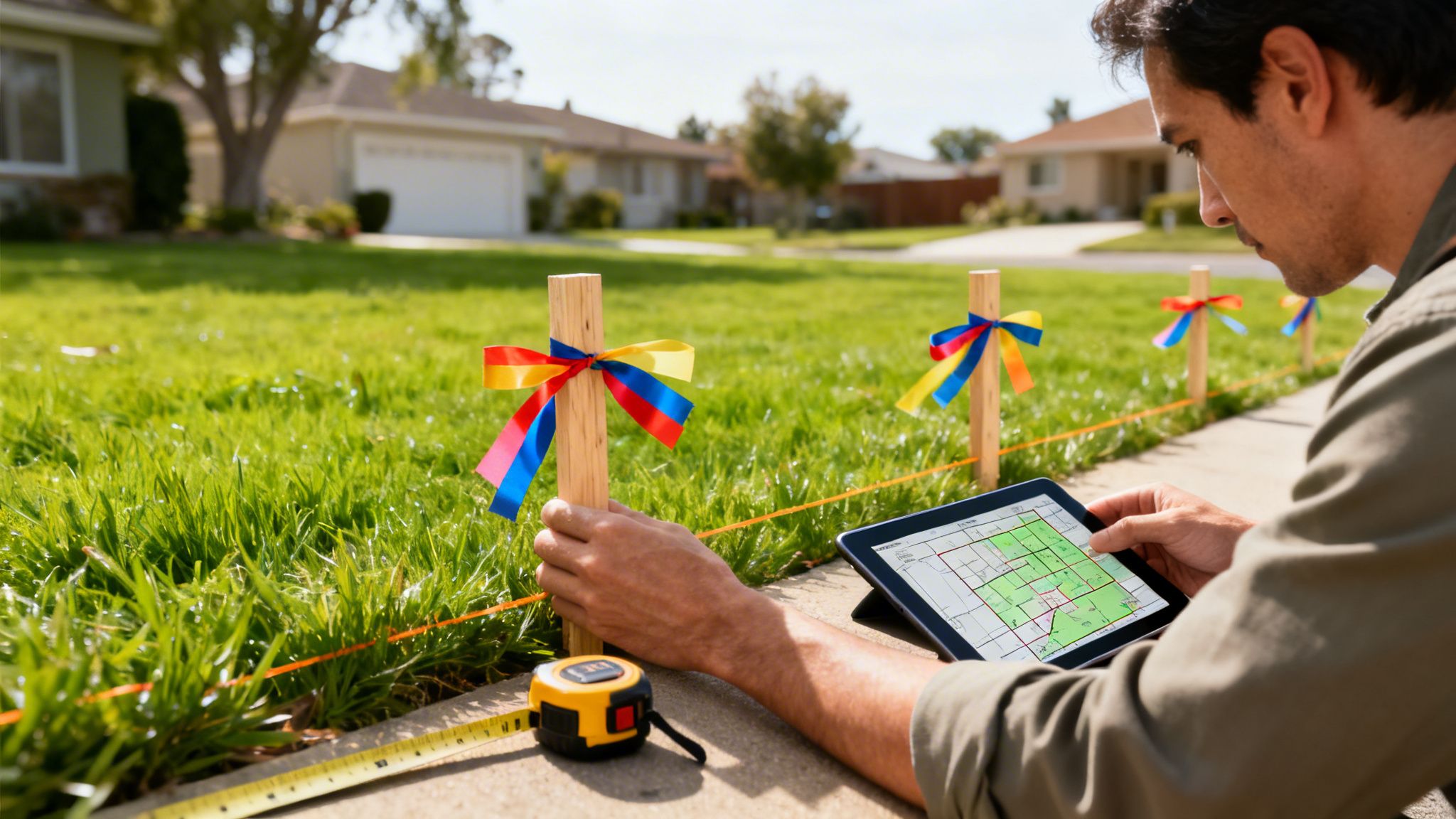 Mand sætter pæle med farvede bånd i græsplænen, mens han kigger på en tablet med et kort.