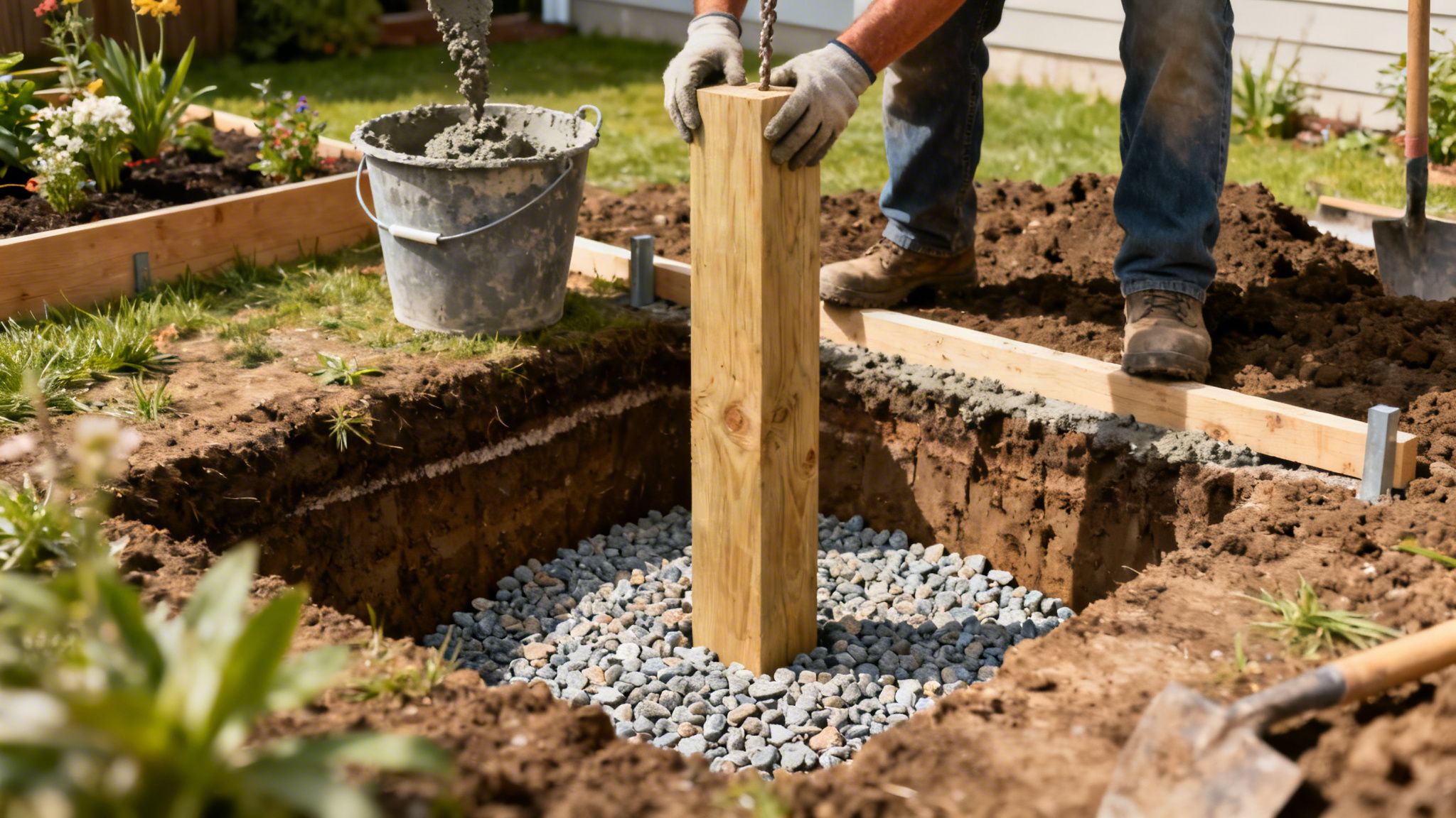 En person installerer en træpæl i et hul i jorden, omgivet af grus og frisk beton.