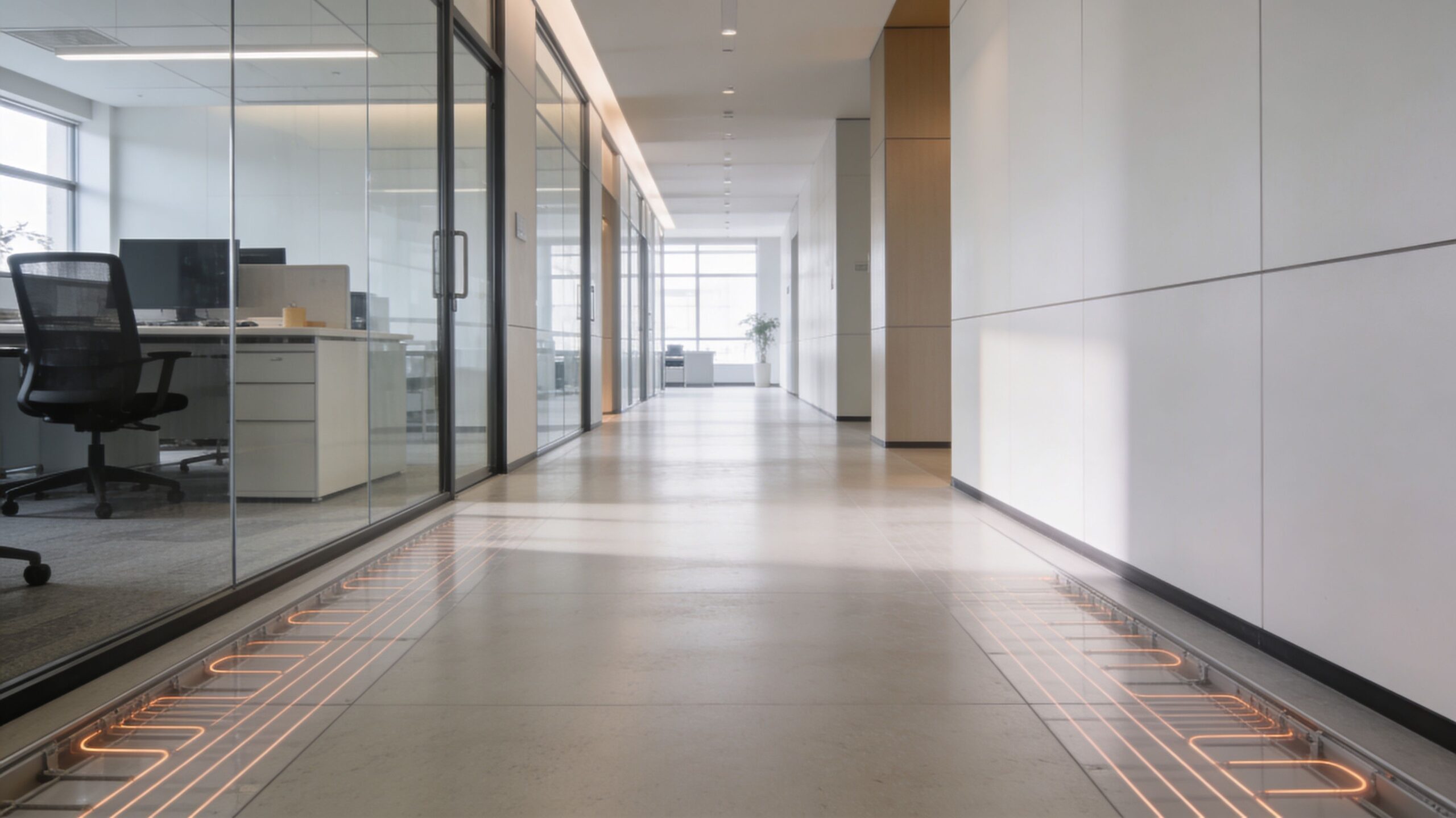 Moderne kontorgang med synlig elektrisk gulvvarme installeret under de lyse fliser i bygningen.