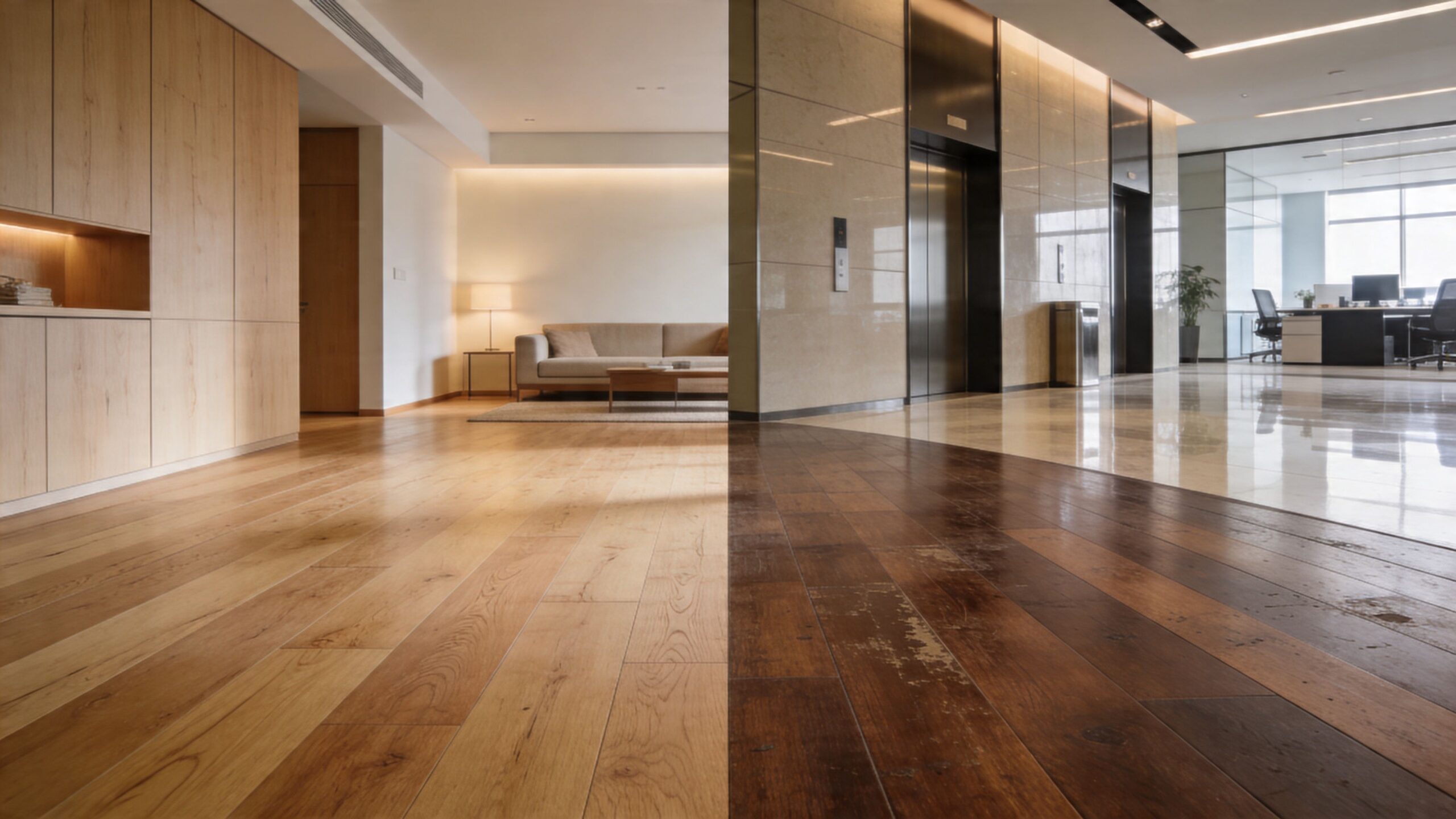 Et moderne kontorlandskab med en tydelig kontrast mellem lyst og mørkt slebet trægulv i forgrunden.