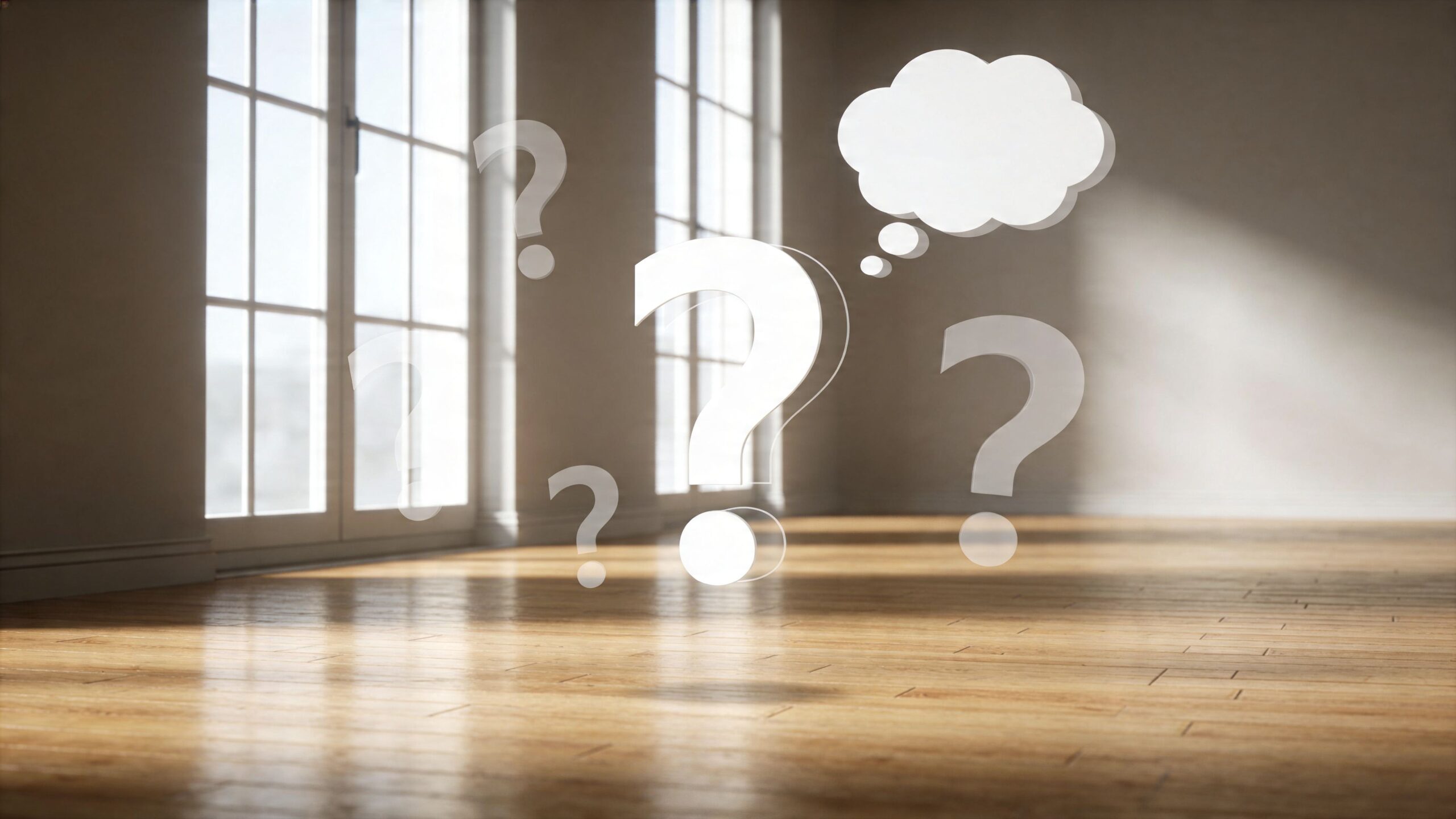 Et lyst rum med trægulv, hvor svævende spørgsmålstegn symboliserer tvivl omkring valg eller pris af gulvafslibning.