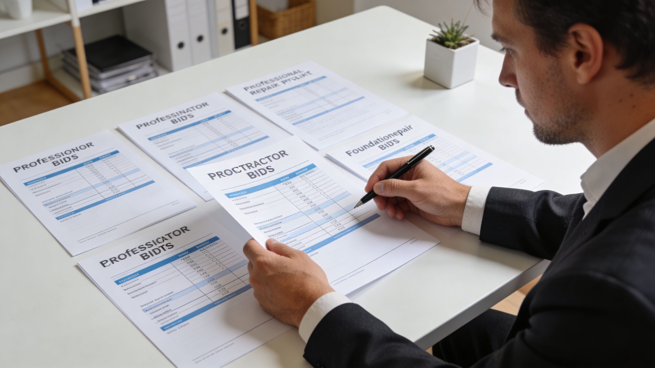 En forretningsmand undersøger tilbudsdokumenter for reparation af sokkel og fundament ved sit skrivebord på et kontor.