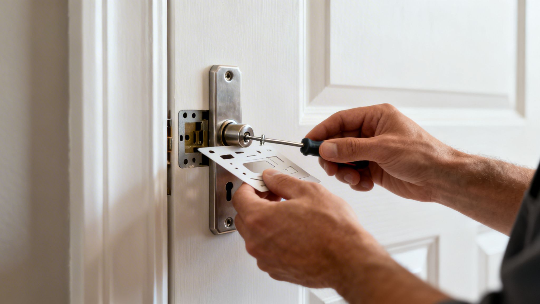 Hænder reparerer eller installerer en dørlås med skruetrækker og metal skabelon på en hvid dør.