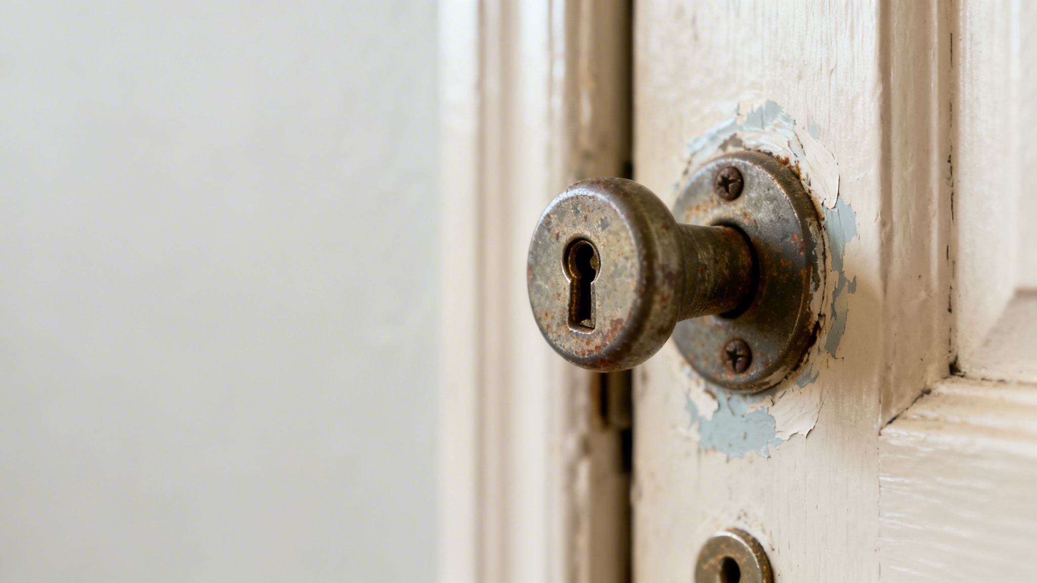 Nærbillede af et rustent dørhåndtag med nøglehul på en gammel, hvid dør med afskallet maling.