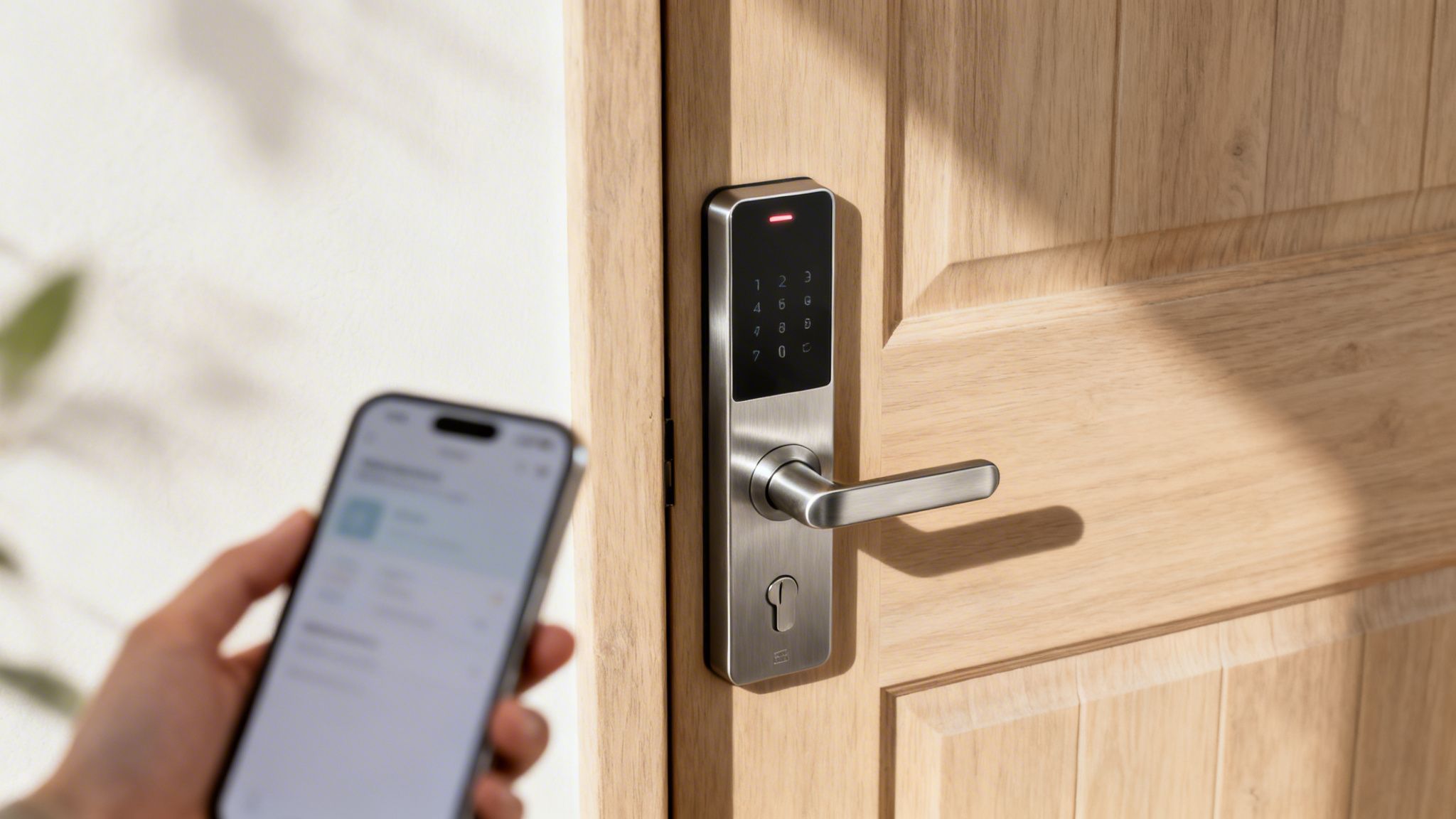 En hånd holder en smartphone ved siden af en smartlås på en trædør med et digitalt tastatur.