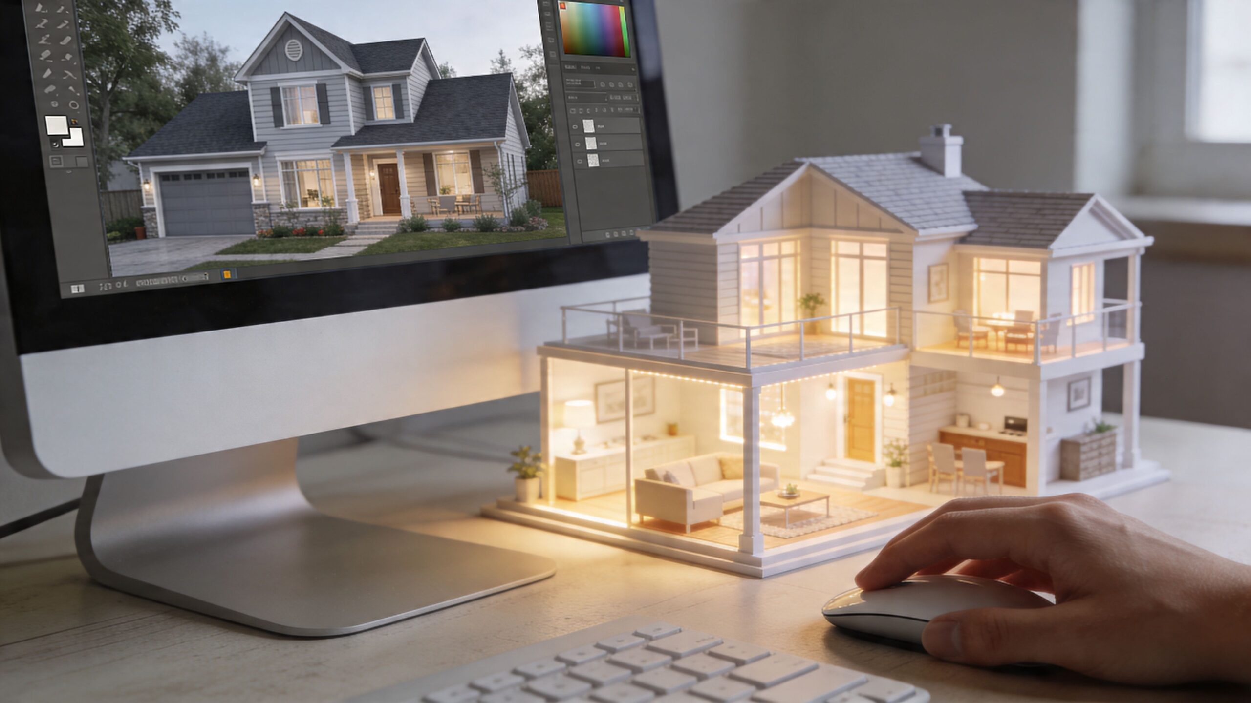 En person bruger et tegneprogram til hus på en computer ved siden af en miniature husmodel.