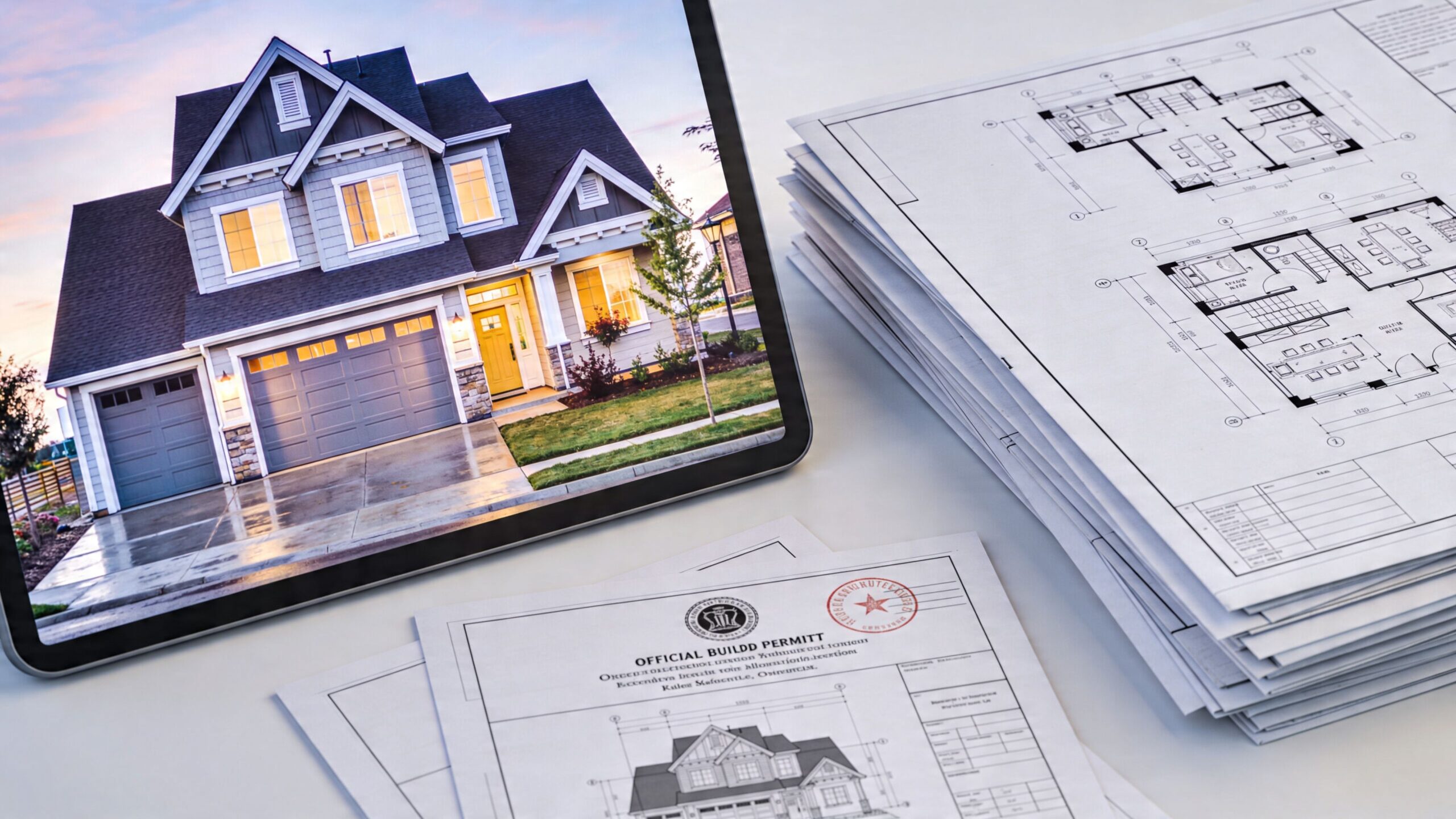 En tablet med et billede af et moderne hus ved siden af arkitekttegninger og byggetilladelser på bordet.