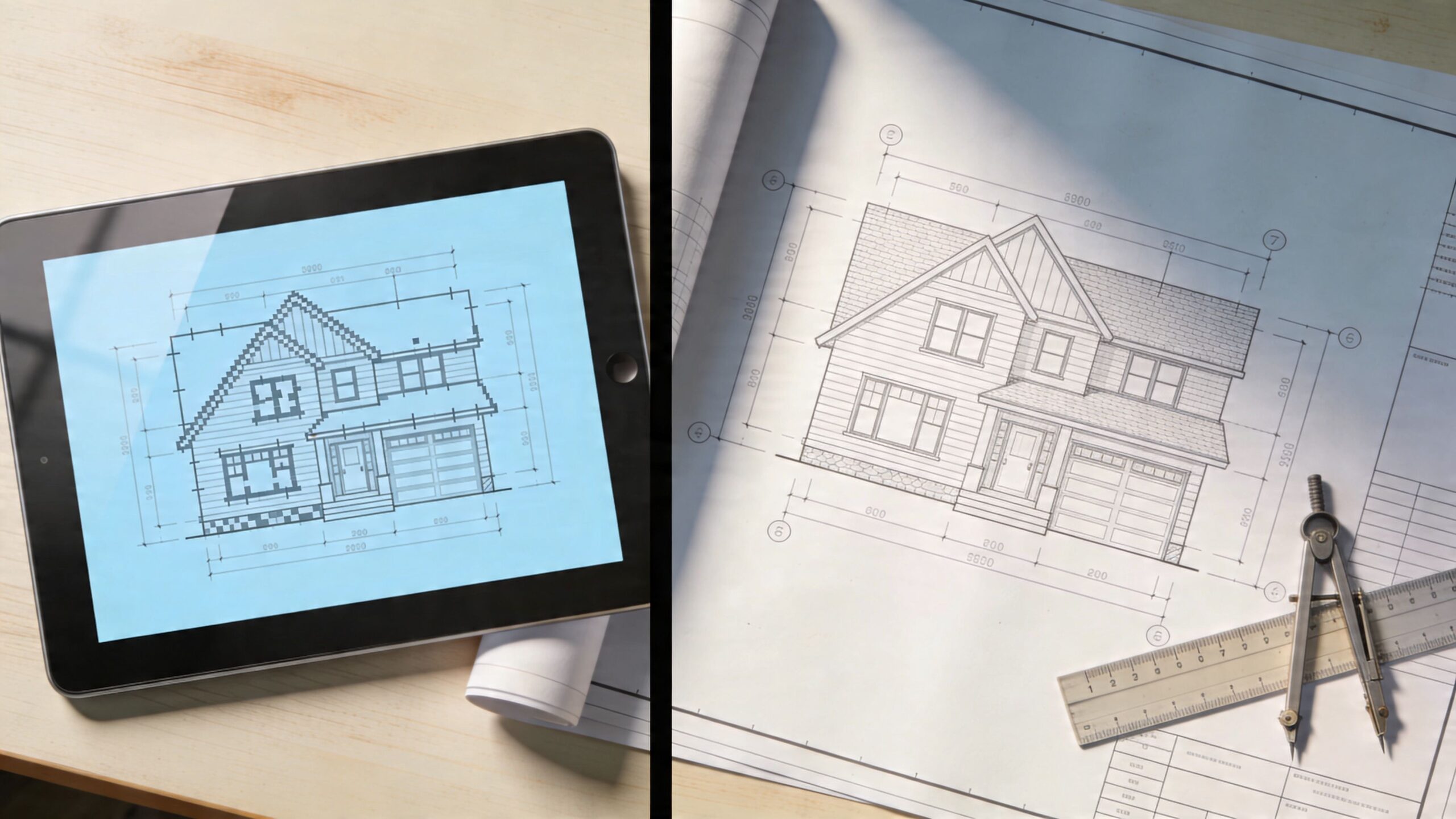En tablet og papirtegninger viser arkitektoniske hustegninger på et træbord med en passer og en lineal.