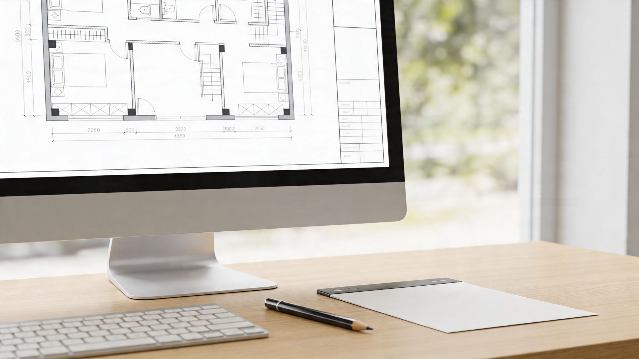 En computerskærm viser en detaljeret plantegning af et hus på et moderne kontorbord med blyant og tegneblok.