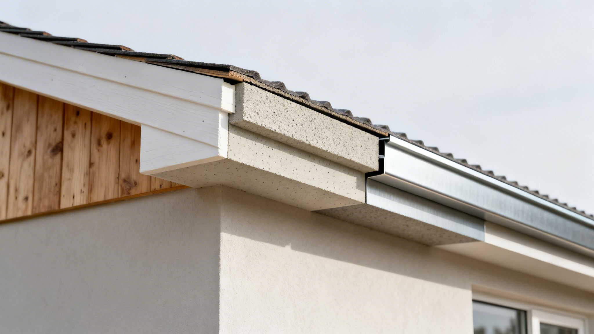 Detaljeret billede af et hus' udhæng med isolering, træbeklædning, tagrende og tagsten under opførelse.