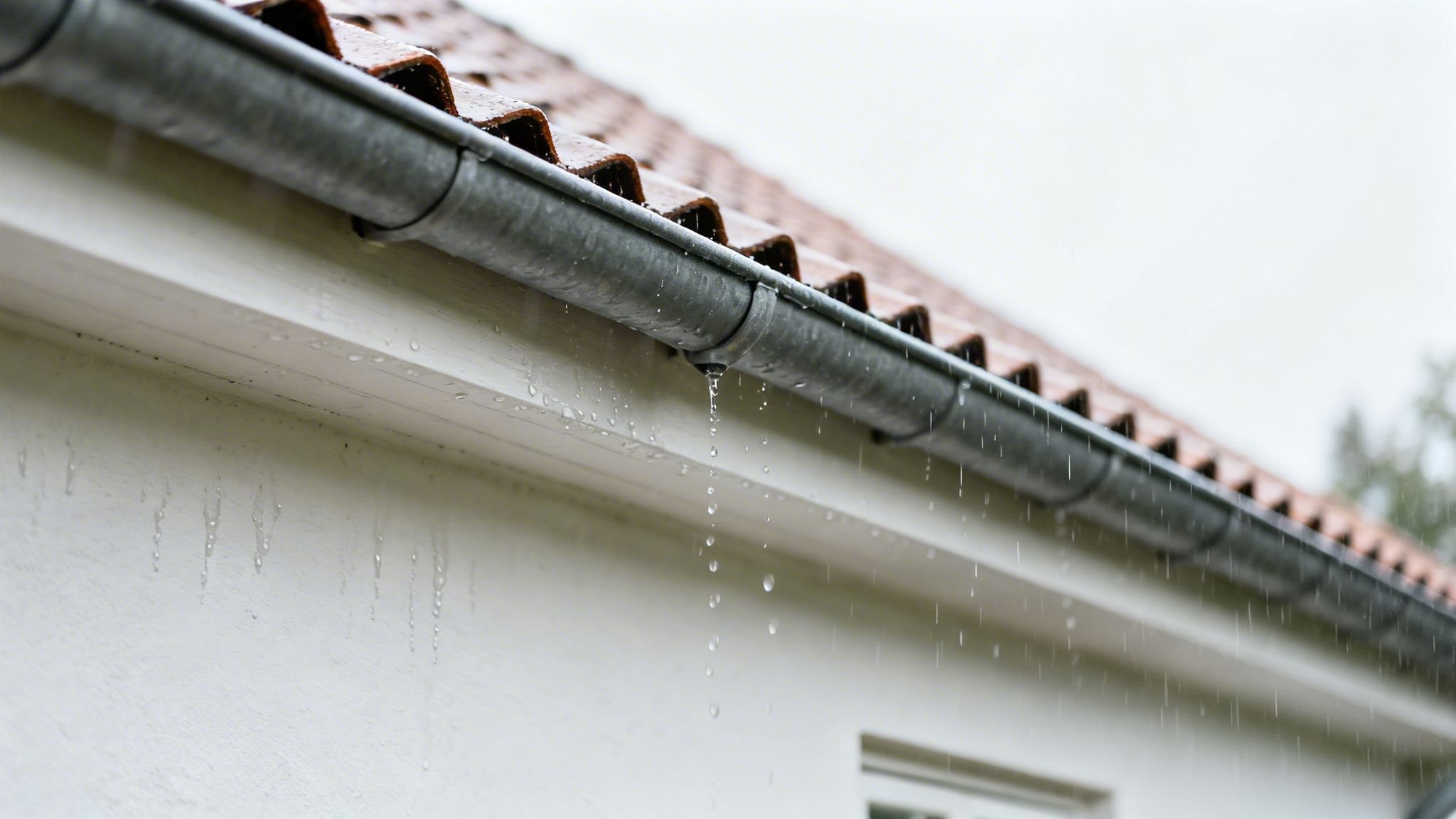 Et hustag med tagrende, hvorfra regnvand drypper under en grå, regnfuld dag.