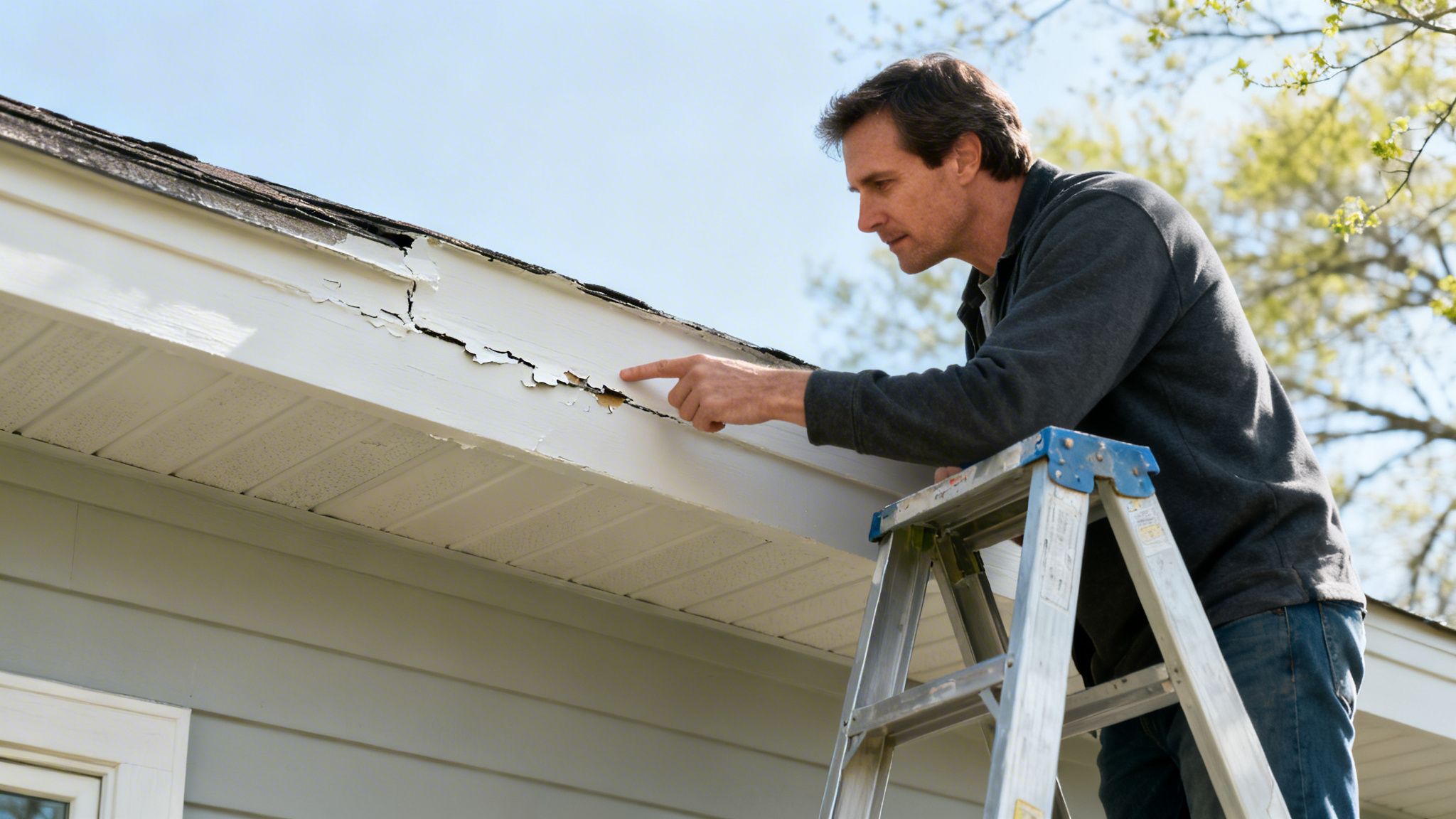 Mand på stige undersøger afskallende maling på et hvidt udhæng på et hus.
