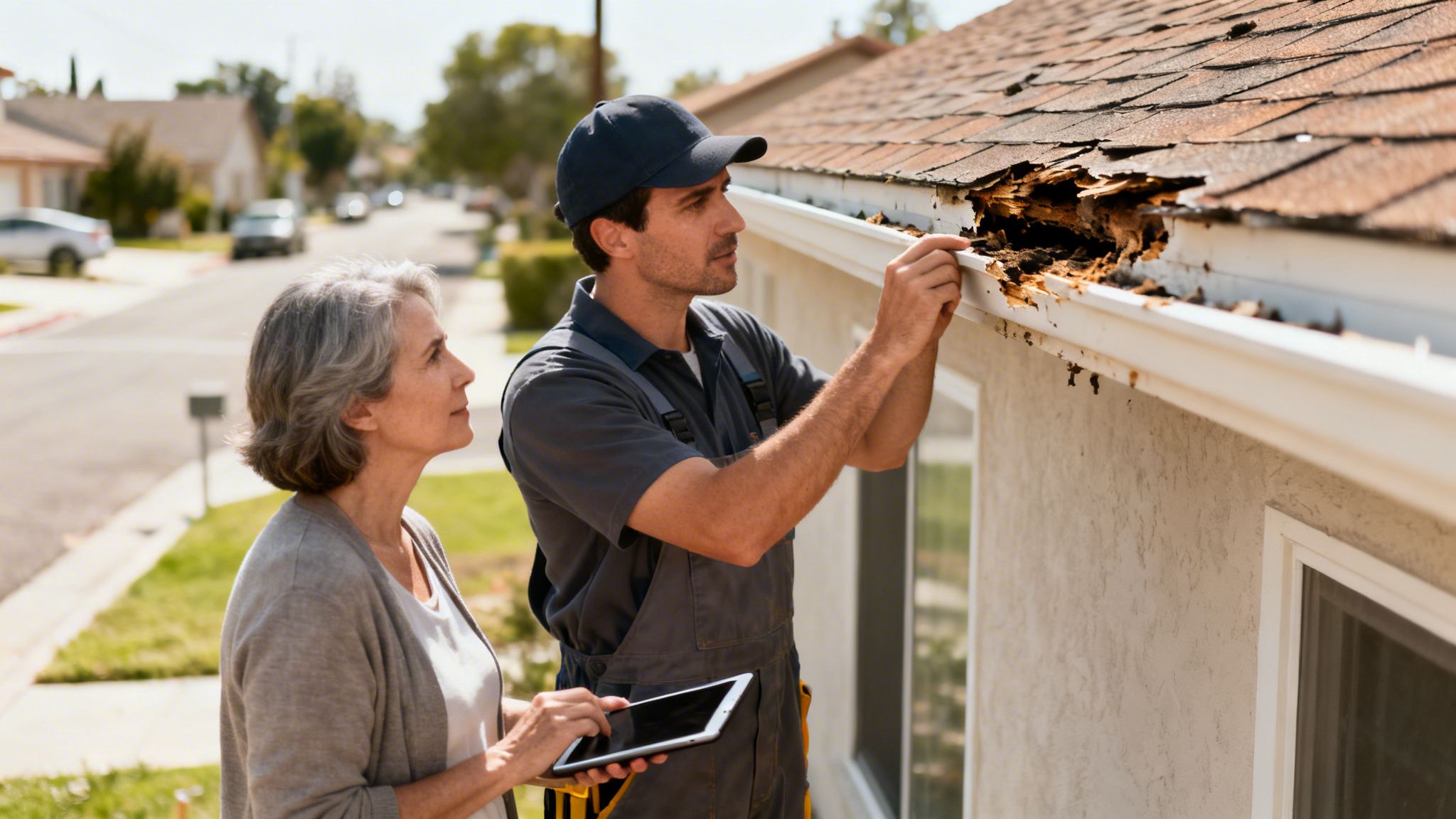 En mandlig håndværker undersøger et råddent udhæng og tagrende på et hus, mens en kvinde ser på.