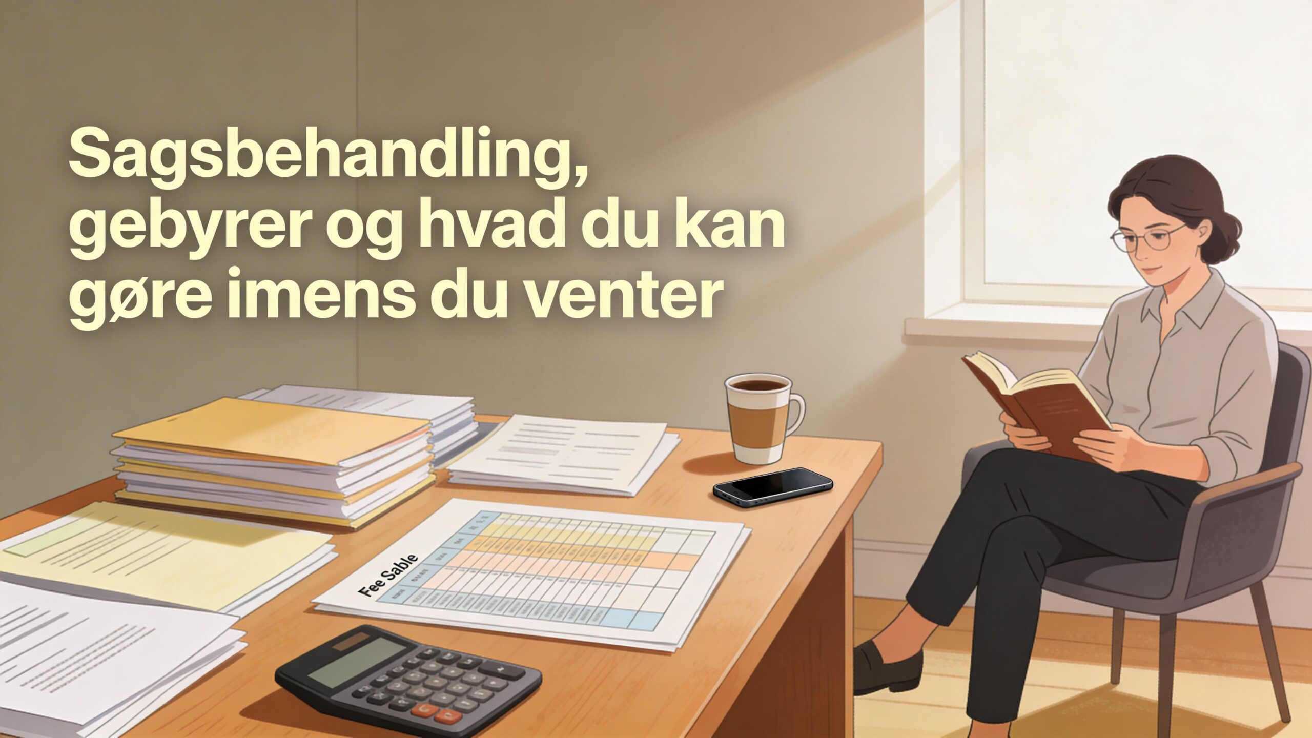 En kvinde sidder og læser en bog ved et skrivebord med papirer, en lommeregner og en kaffekop.