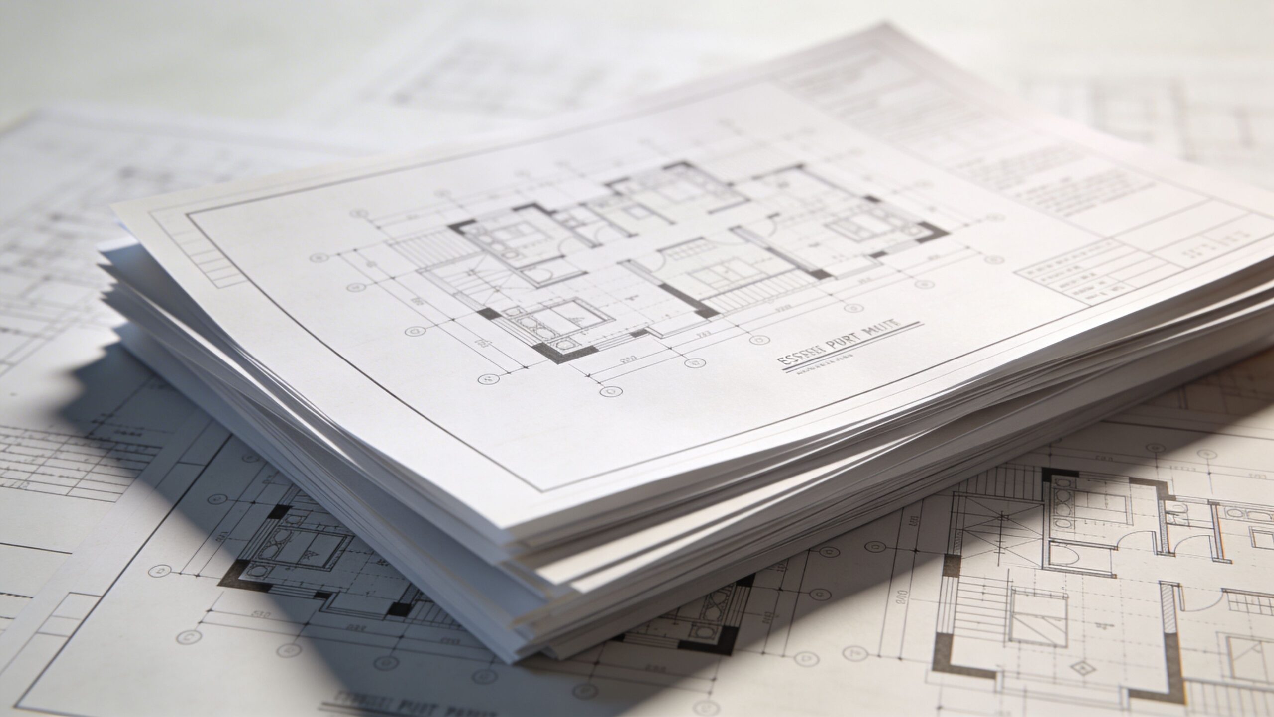En stak tekniske arkitekttegninger af et hus placeret på et bord til brug ved byggeprojekter.