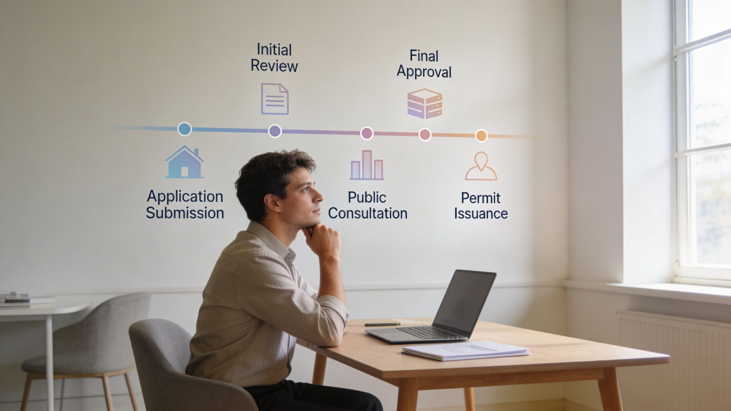 En mand sidder ved sit skrivebord og ser på en grafisk proces for ansøgning om byggetilladelse.
