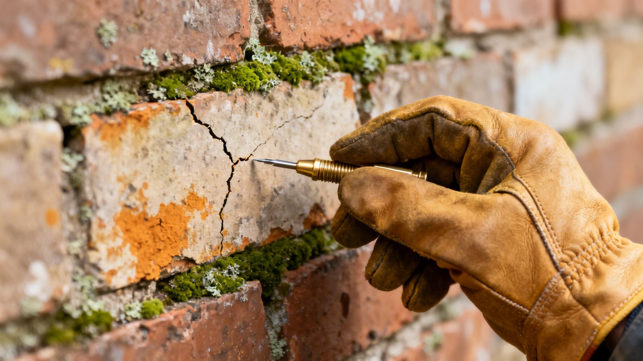 En hånd iført arbejdshandsker inspicerer en revnet mursten på en gammel facade med mos og lav.