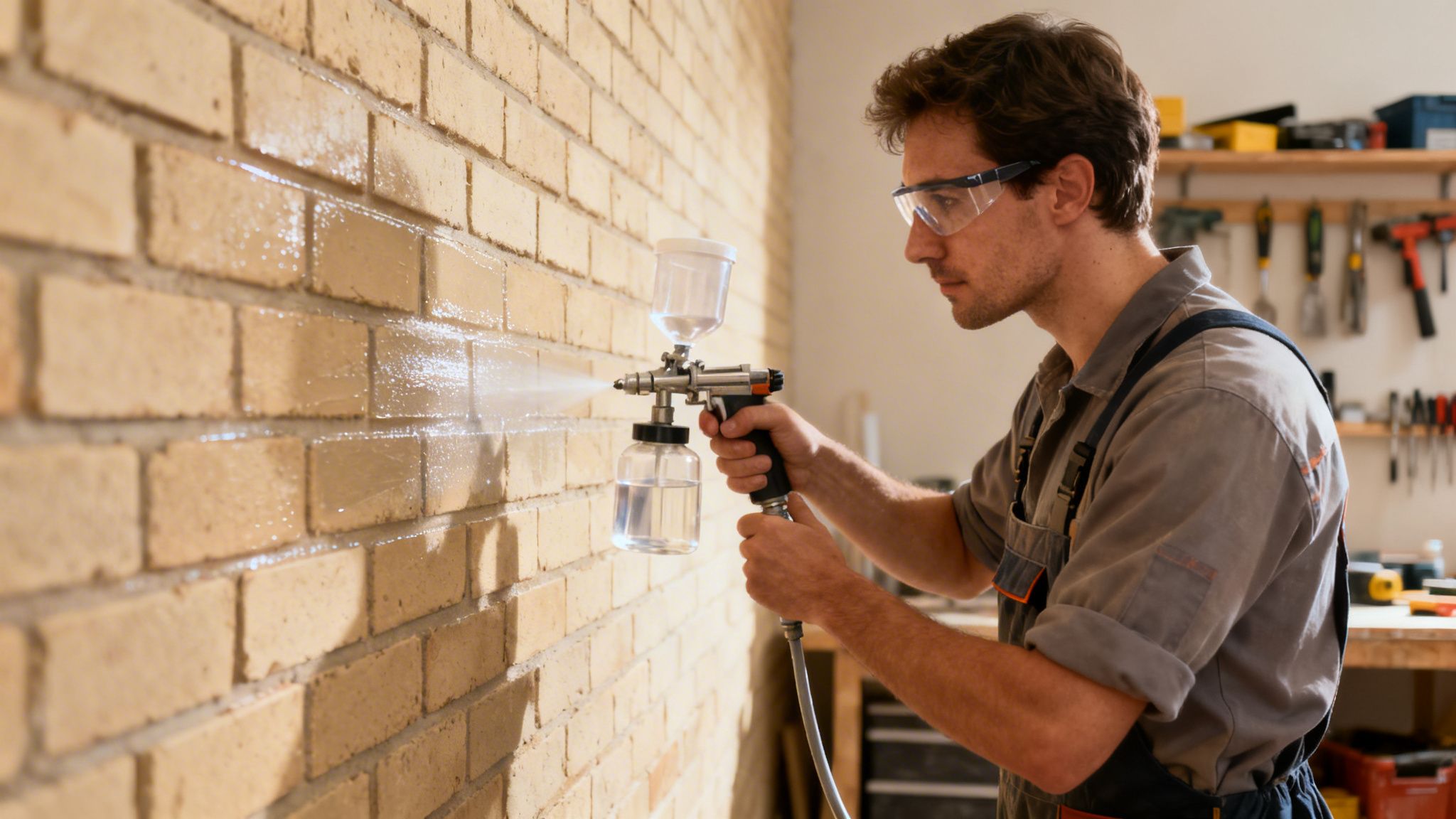 En håndværker iført beskyttelsesbriller påfører professionel imprægnering på en indvendig murstensvæg med en sprøjtepistol i sit værksted.
