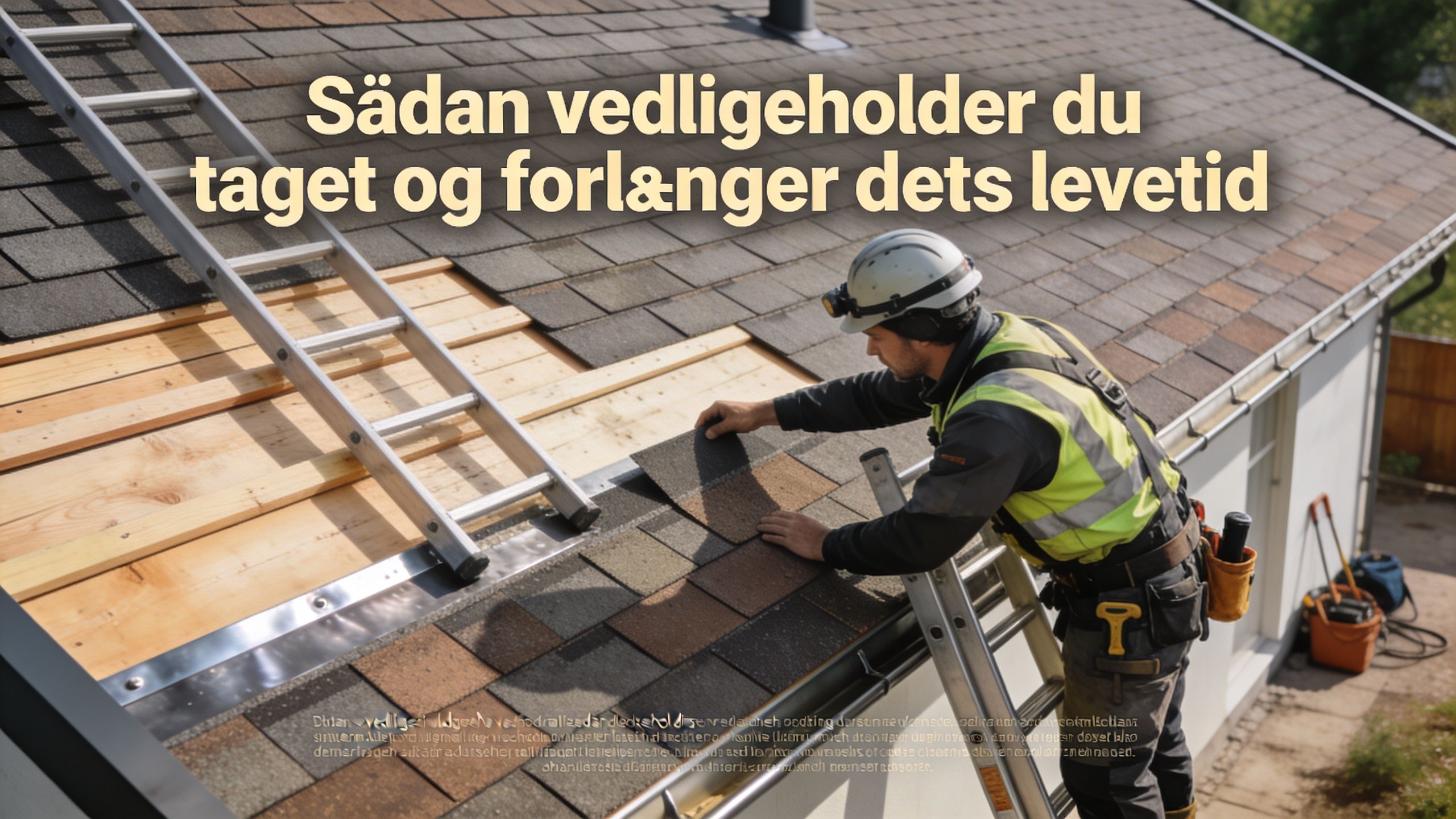 En professionel tagdækker monterer tagpap på et hustag ved hjælp af en stige for korrekt vedligeholdelse.