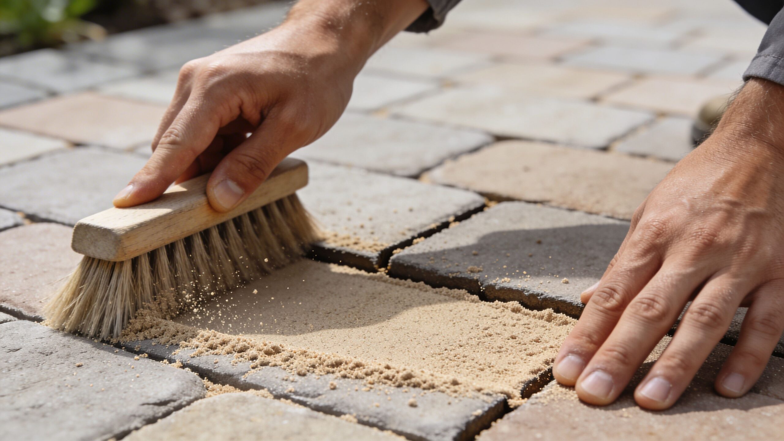 En person fejer fugesand ned mellem belægningssten på en terrasse med en træbørste for et flot resultat.