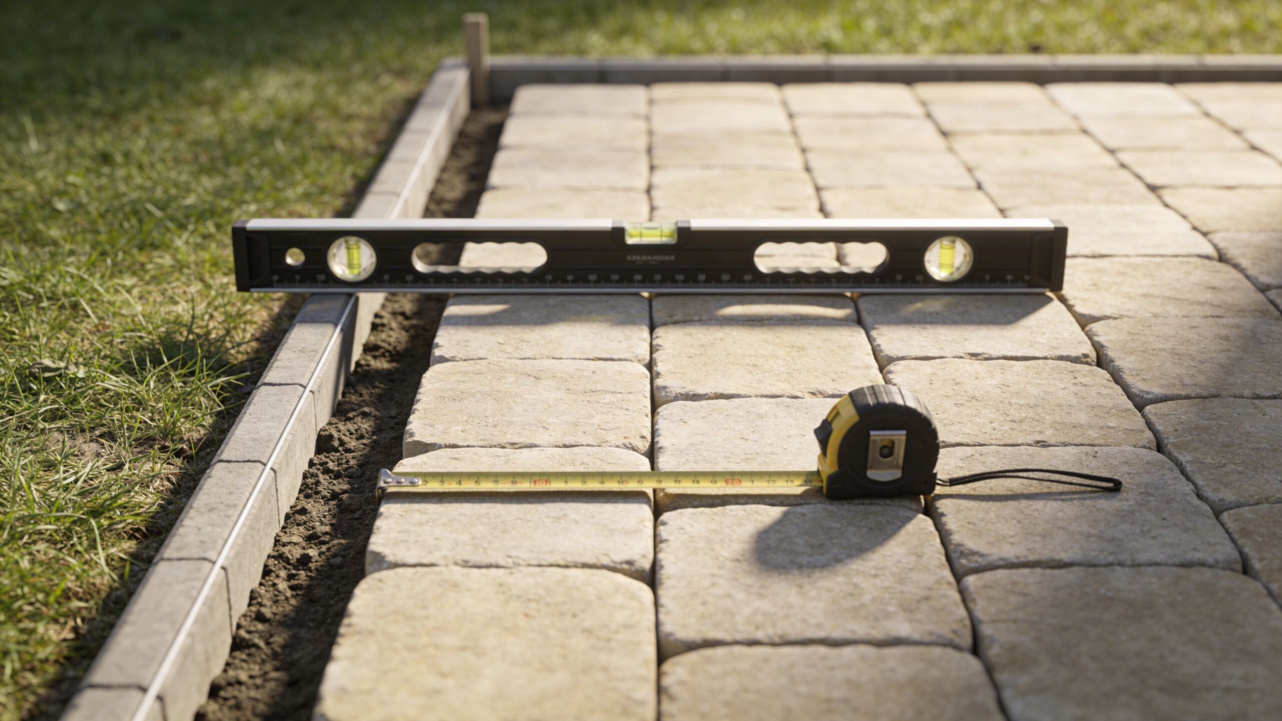 Et vaterpas og et målebånd placeret på nylagte fliser langs en kantsten i en have under anlægsarbejde.