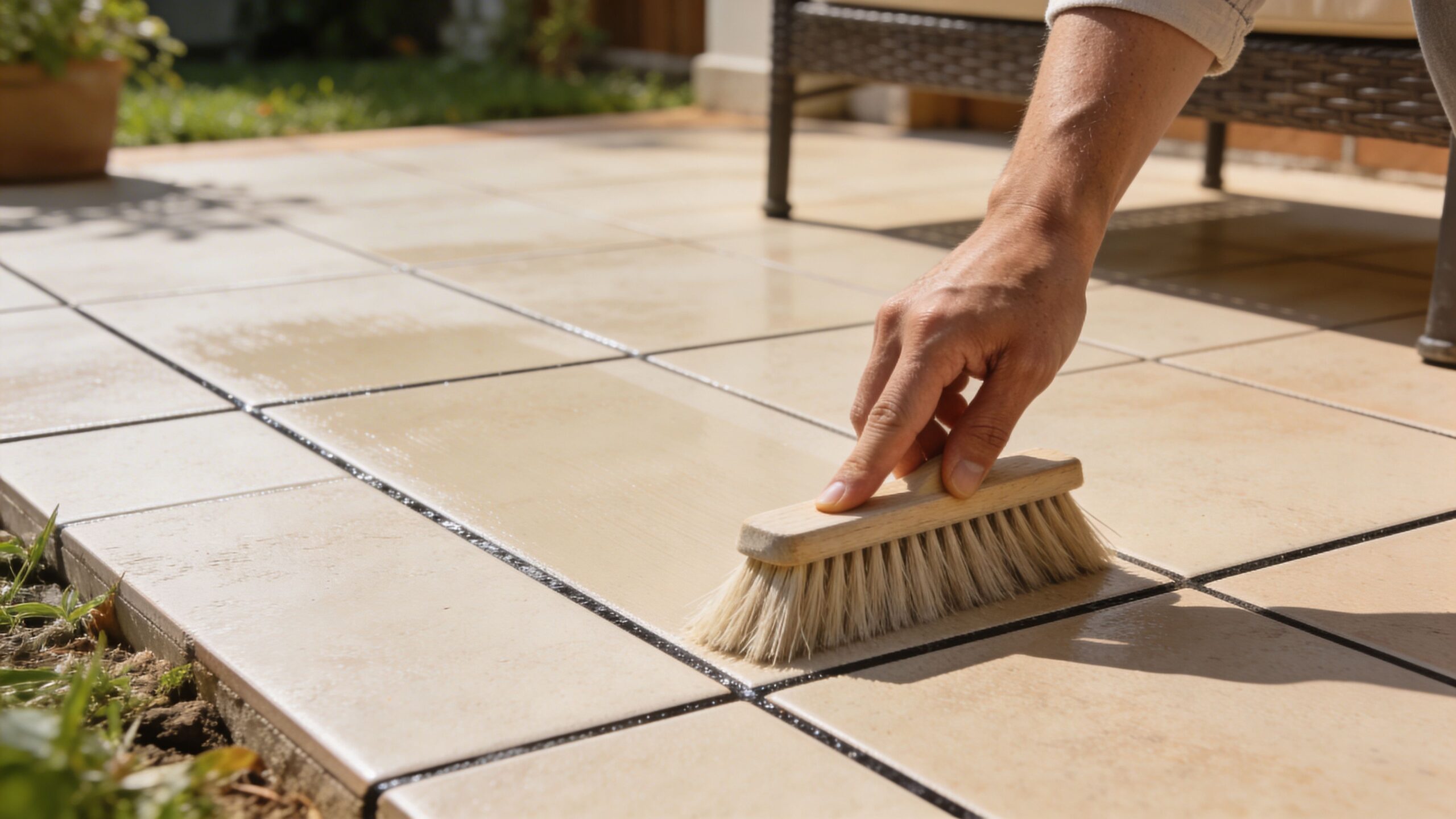 En person skrubber fliserne på en terrasse med en træbørste for at fjerne snavs fra fugerne.