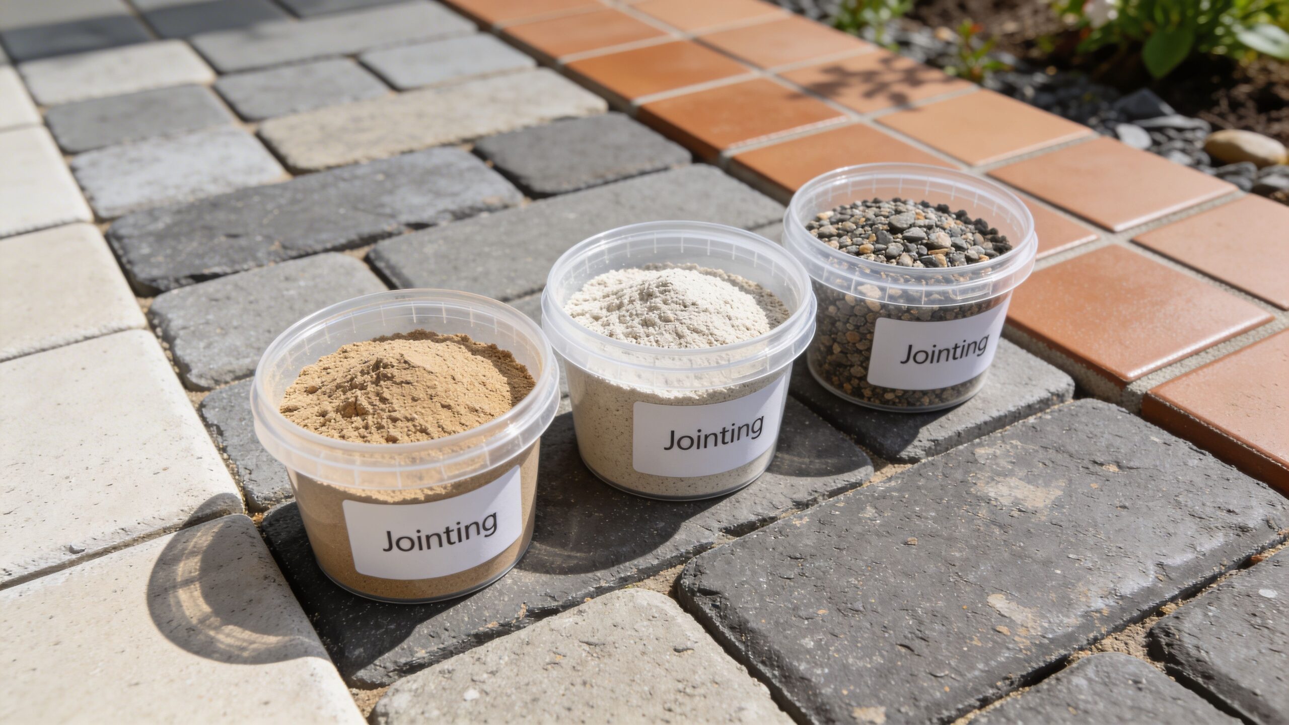 Tre gennemsigtige beholdere med forskelligt fugesand til fliser placeret på en nyanlagt flisebelagt terrasse i haven.