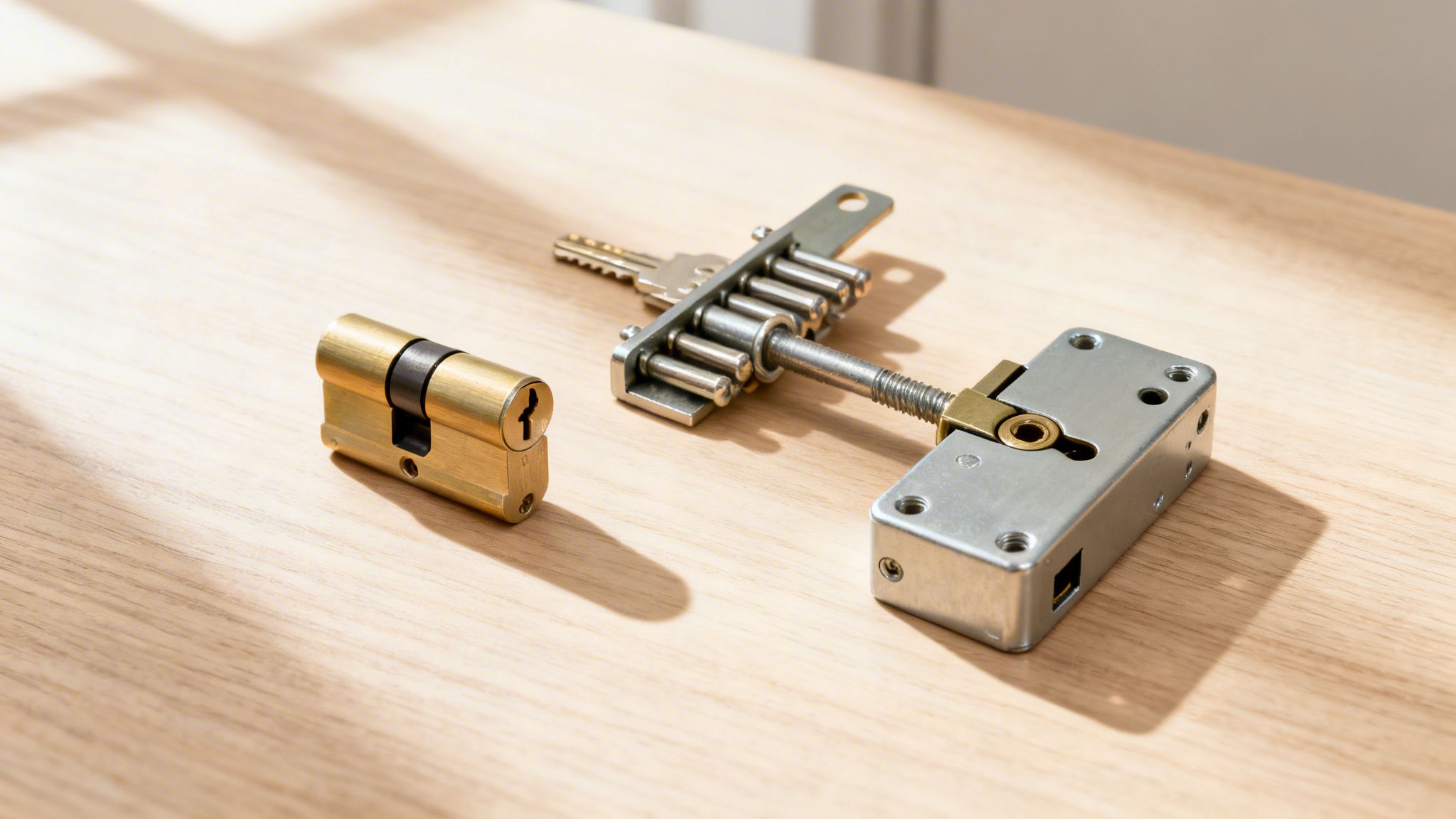 Nærbillede af en dør cylinderlås og et demonteret låsemekanisme med nøgle på træbord.