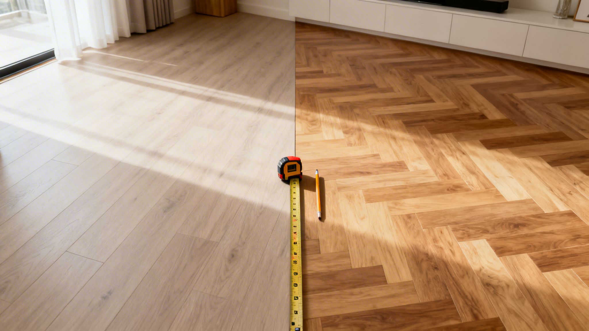 Et gulv delt i to med lys træplankegulv og mørkt sildebensparket, med målebånd og blyant.