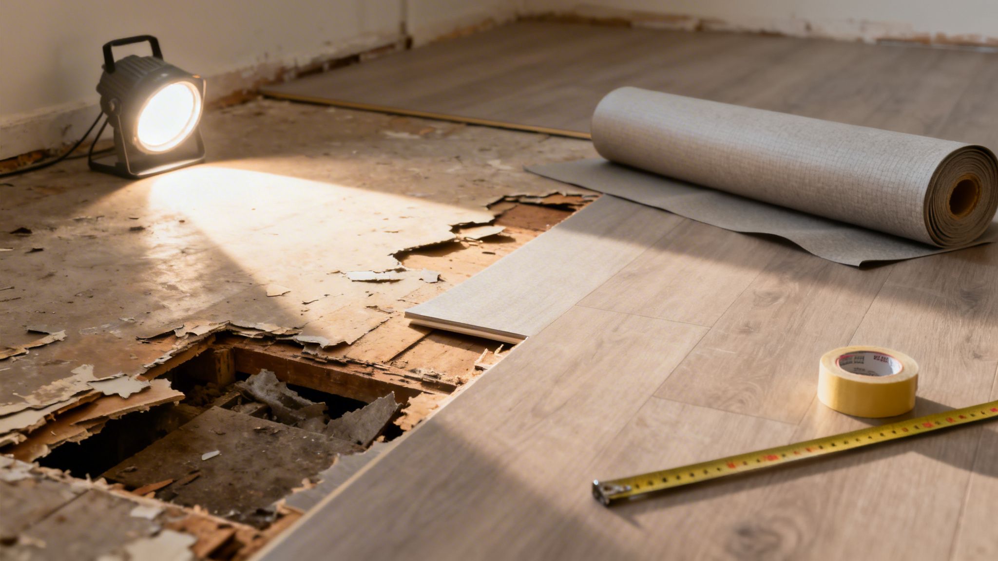 Et rum under renovering med delvist fjernet gulv, nyt laminatgulv, underlag og værktøj til installation.