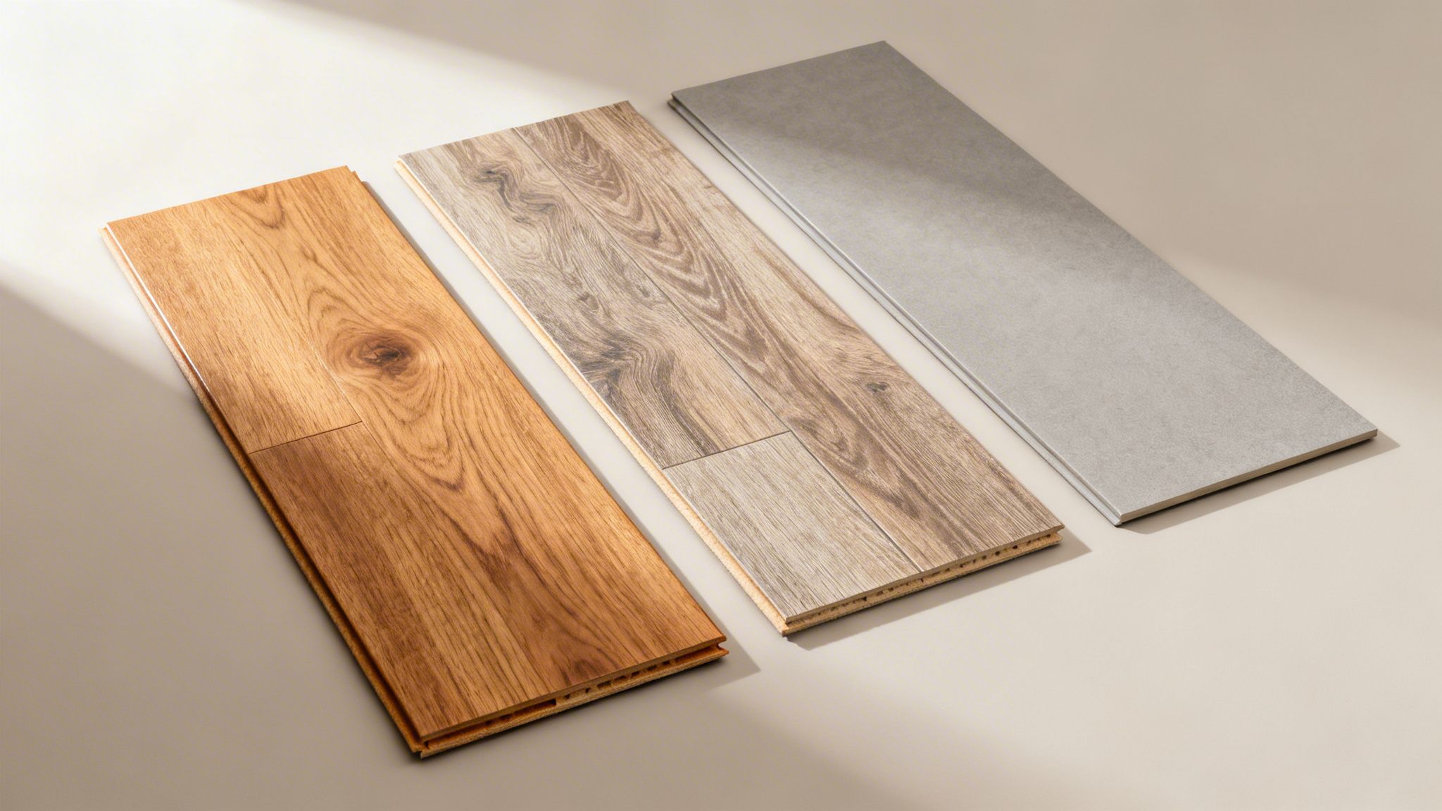 Tre forskellige gulvprøver: lyst træ, gråligt trælook og ensfarvet grå. Viser forskellige gulvbelægningsmuligheder.