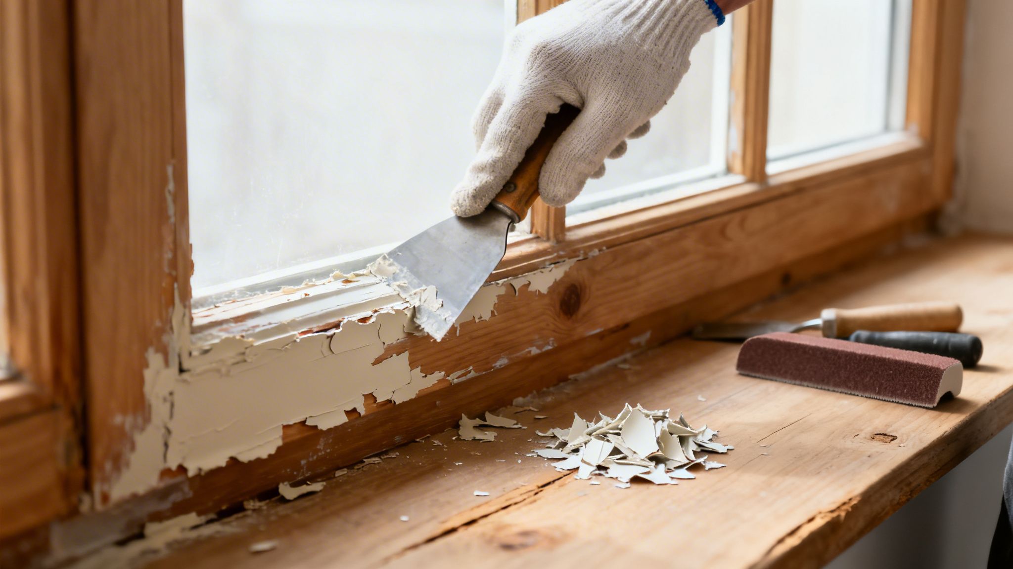 En handske beklædt hånd skraber gammel, afskallet maling af et trævindue med en spartel.
