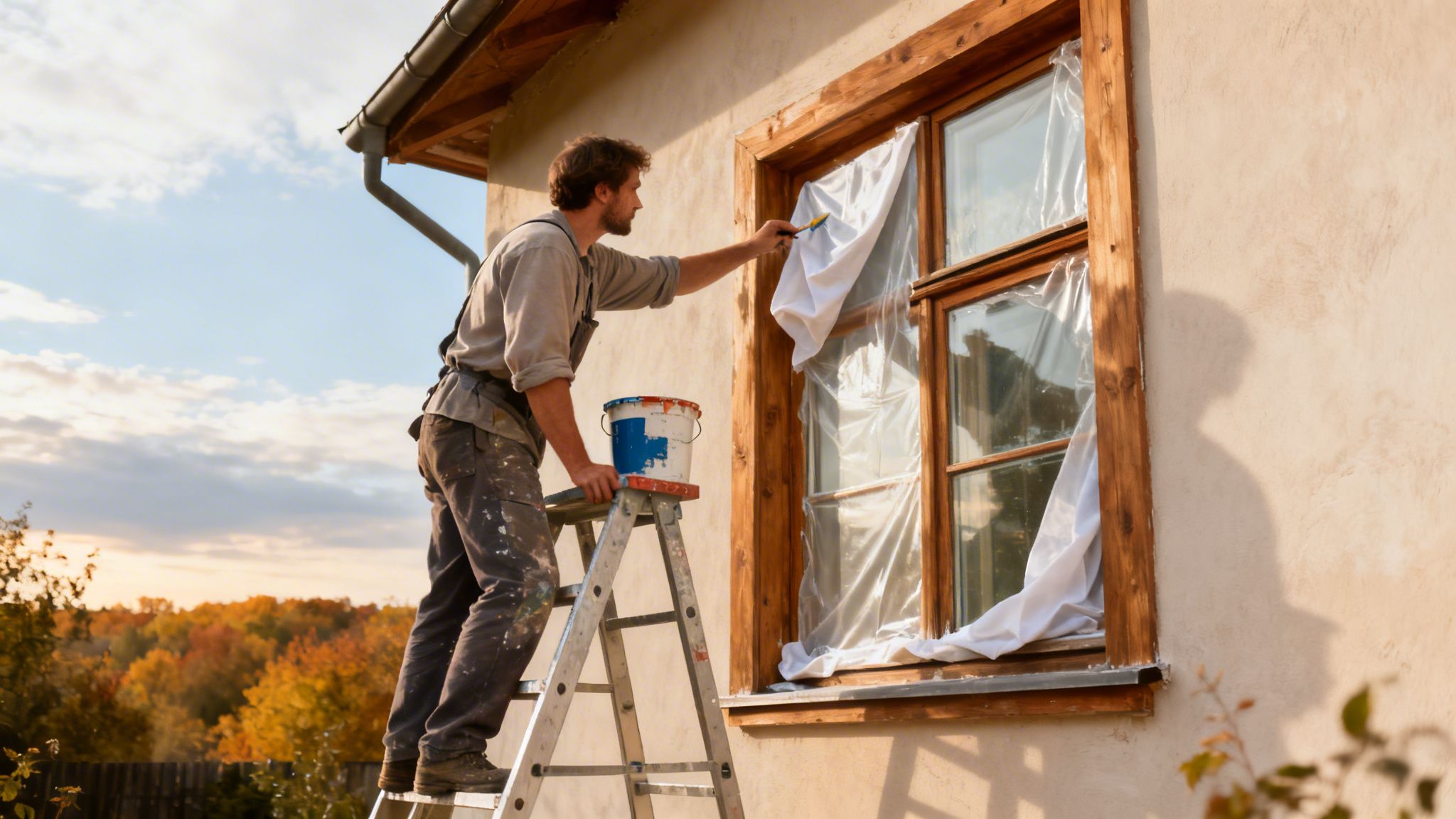 En mand står på en stige og maler udendørs vinduesrammer på et hus i efterårsvejr.