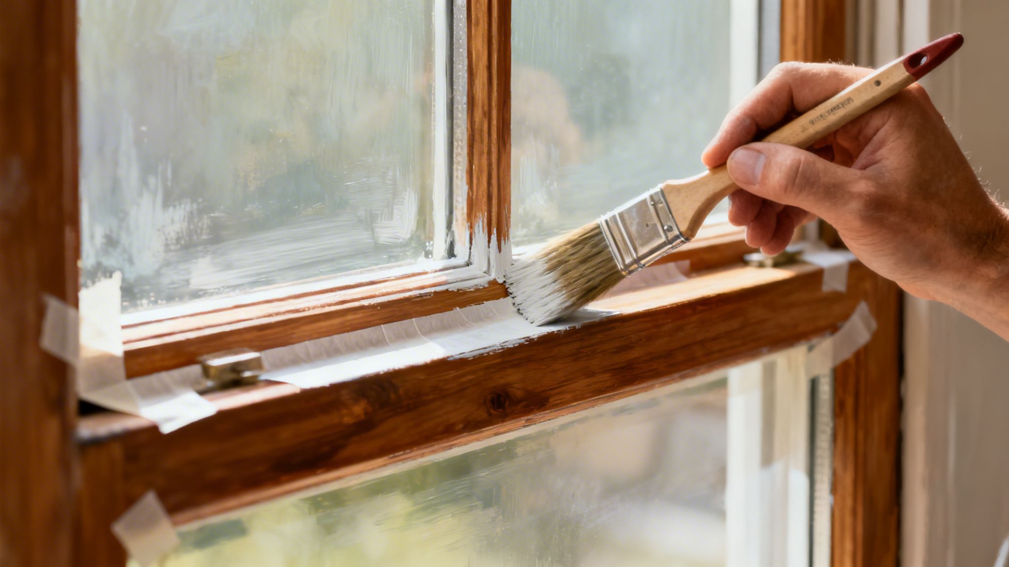 En hånd maler et trævindue hvidt med en pensel, med afdækningstape beskyttende glasset.