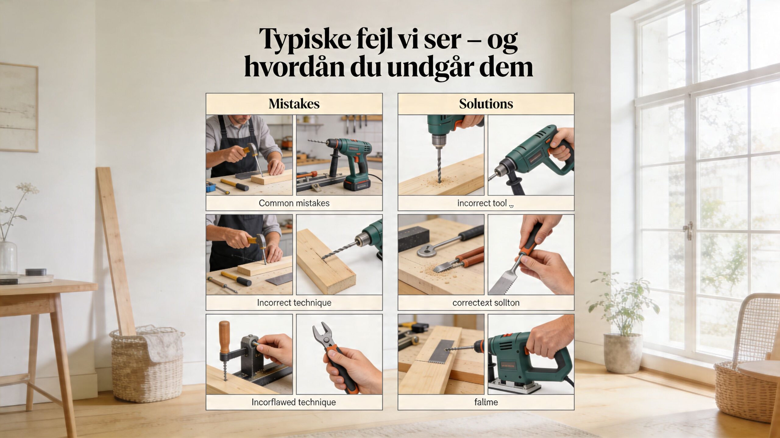 En oversigt over typiske gør-det-selv-fejl og korrekte løsninger med forskellige værktøjer vist i en instruktionsguide.