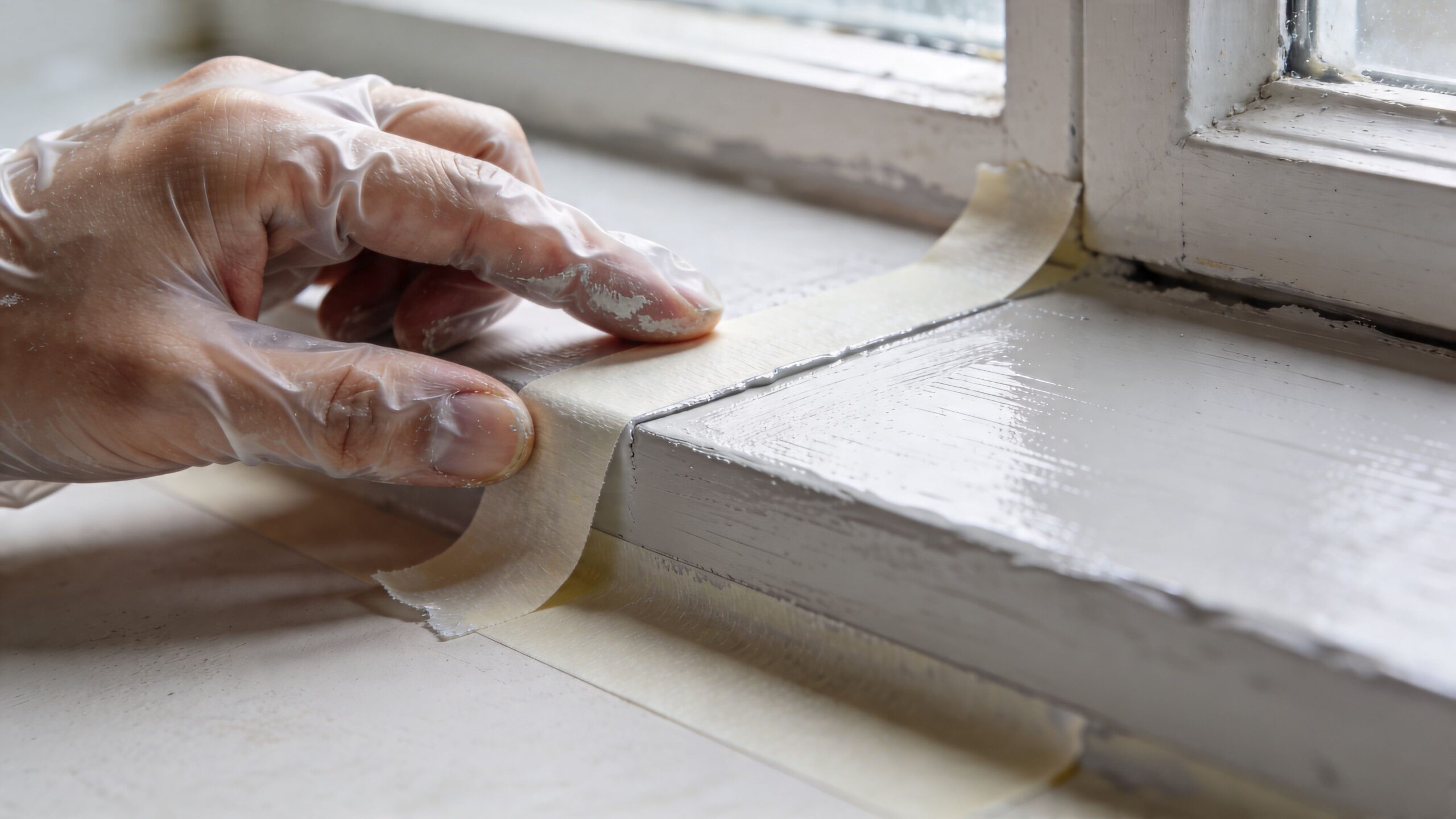 En hånd iført en plastikhandske påfører malertape langs kanten af en vindueskarm i forbindelse med malearbejde.