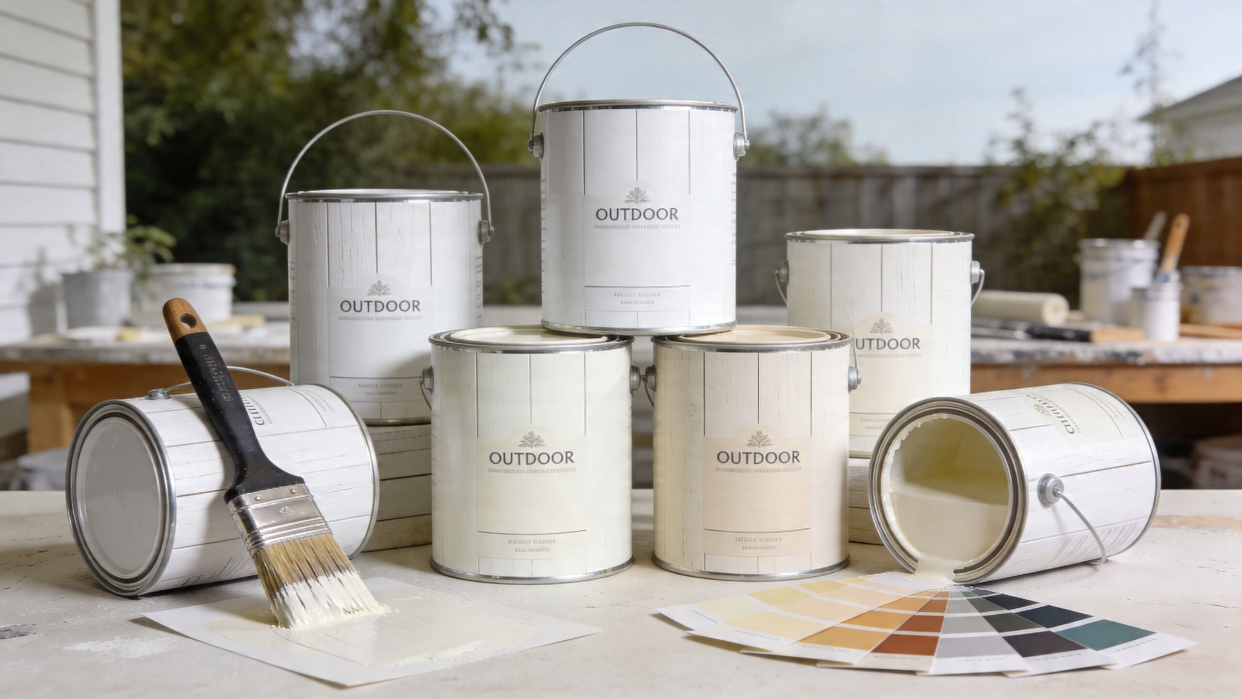 En samling af hvide malingsdåser til udendørs brug placeret på et bord med en pensel og farveprøver.