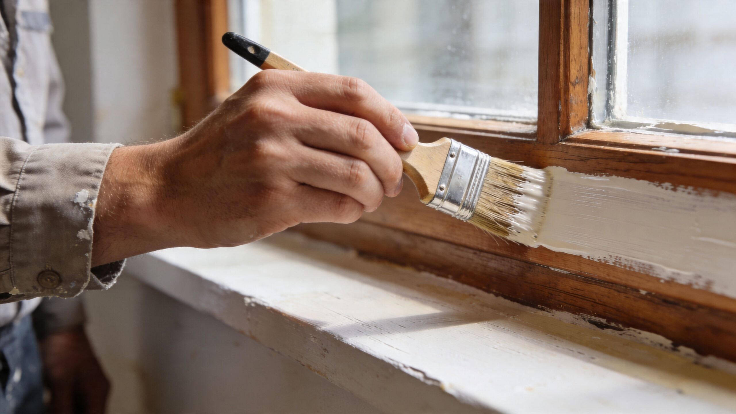 En person maler en gammel trævinduesramme hvid med en pensel for at give den et nyt udseende.