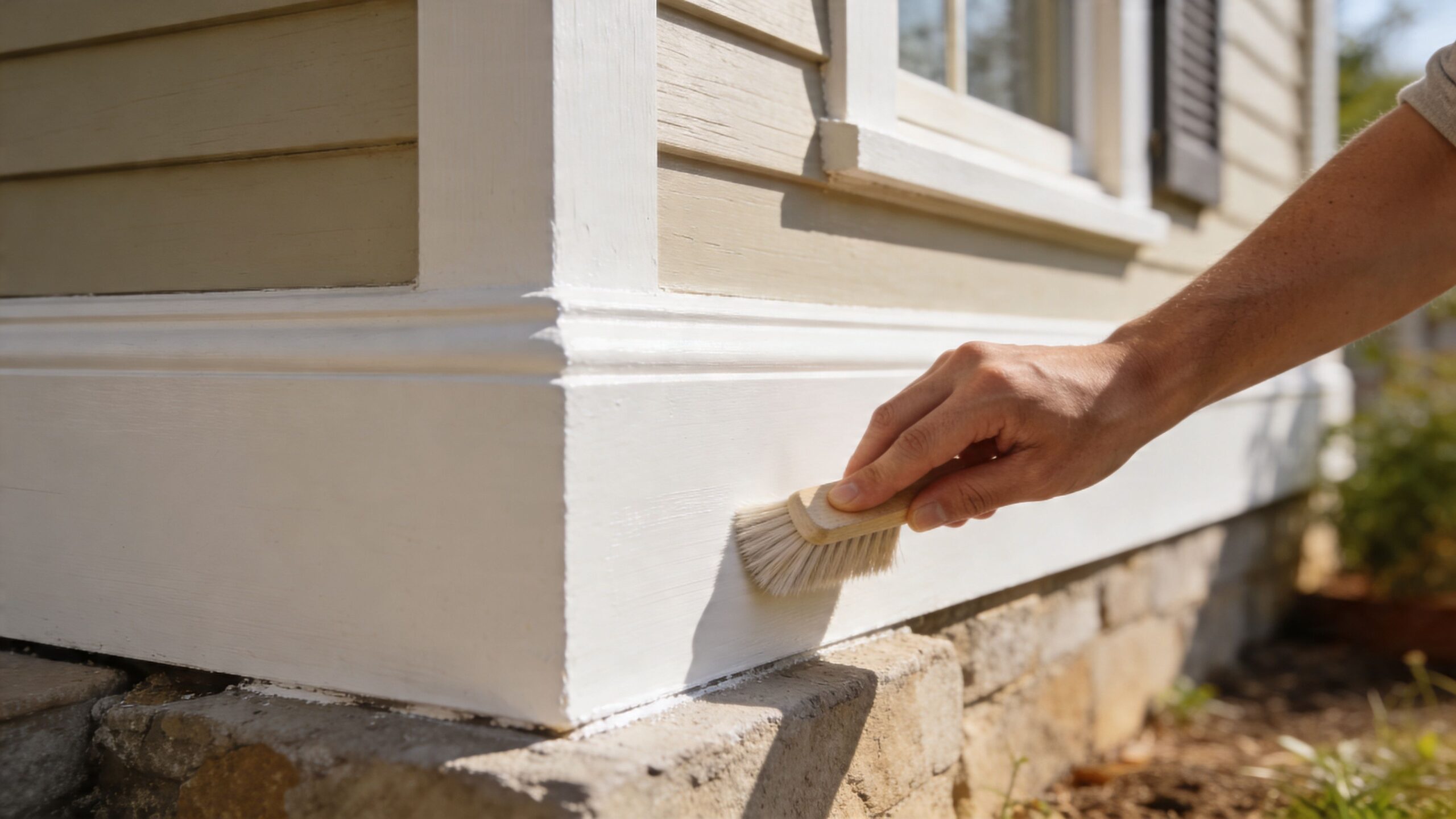 En person bruger en børste til at påføre maling eller puds på en hvid sokkel ved huset.