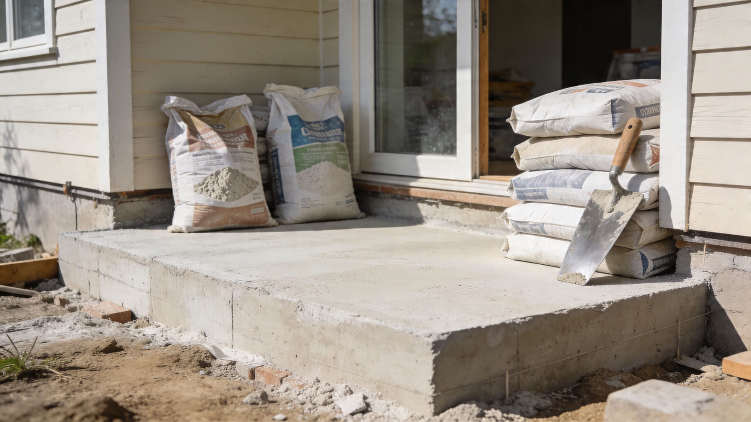 Nystøbt betonfundament ved husets indgang med sække af cement og et murerbræt klar til byggearbejde.