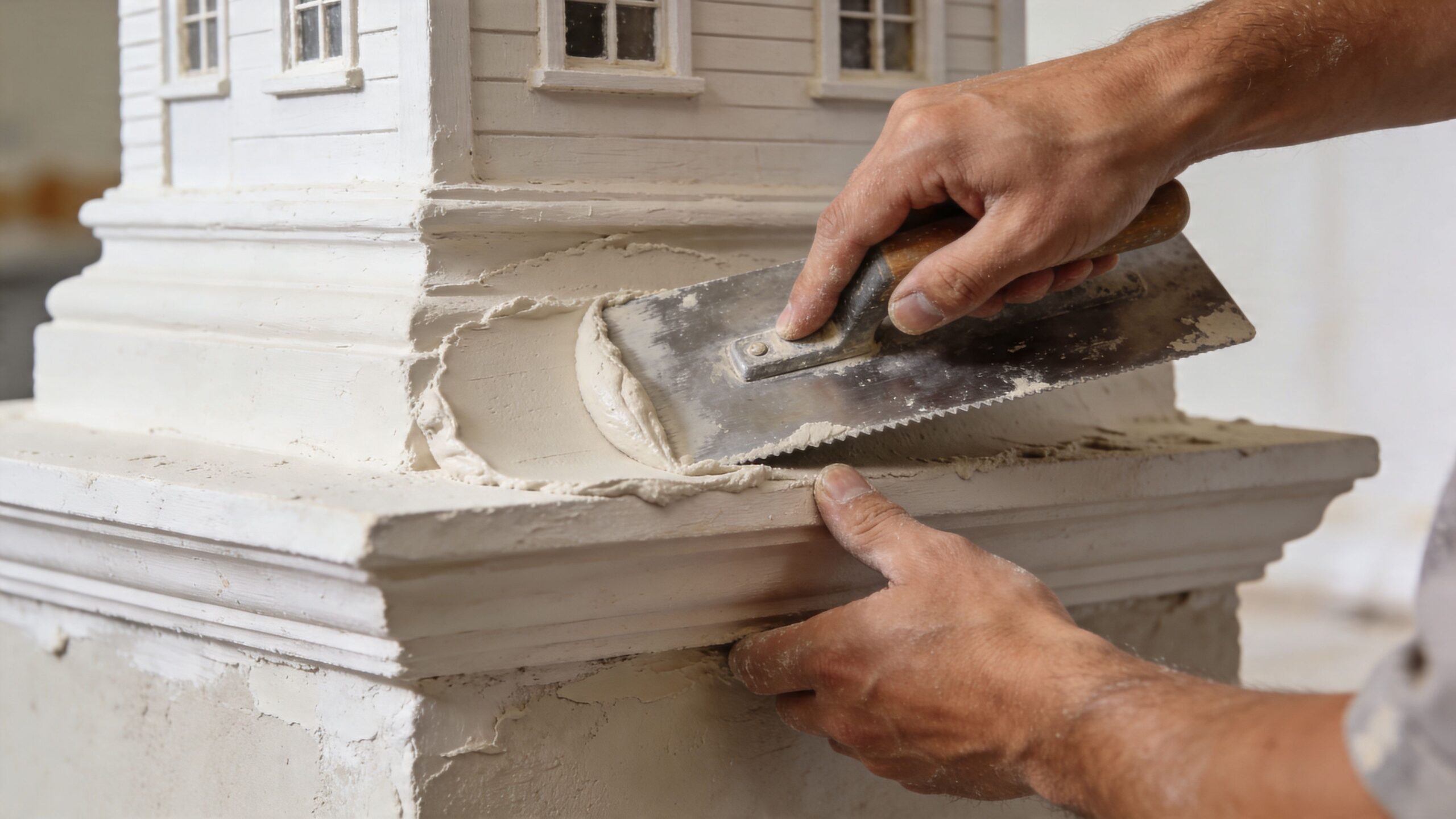 En håndværker er i gang med pudsning af sokkel på en lille husmodel med en spartel.