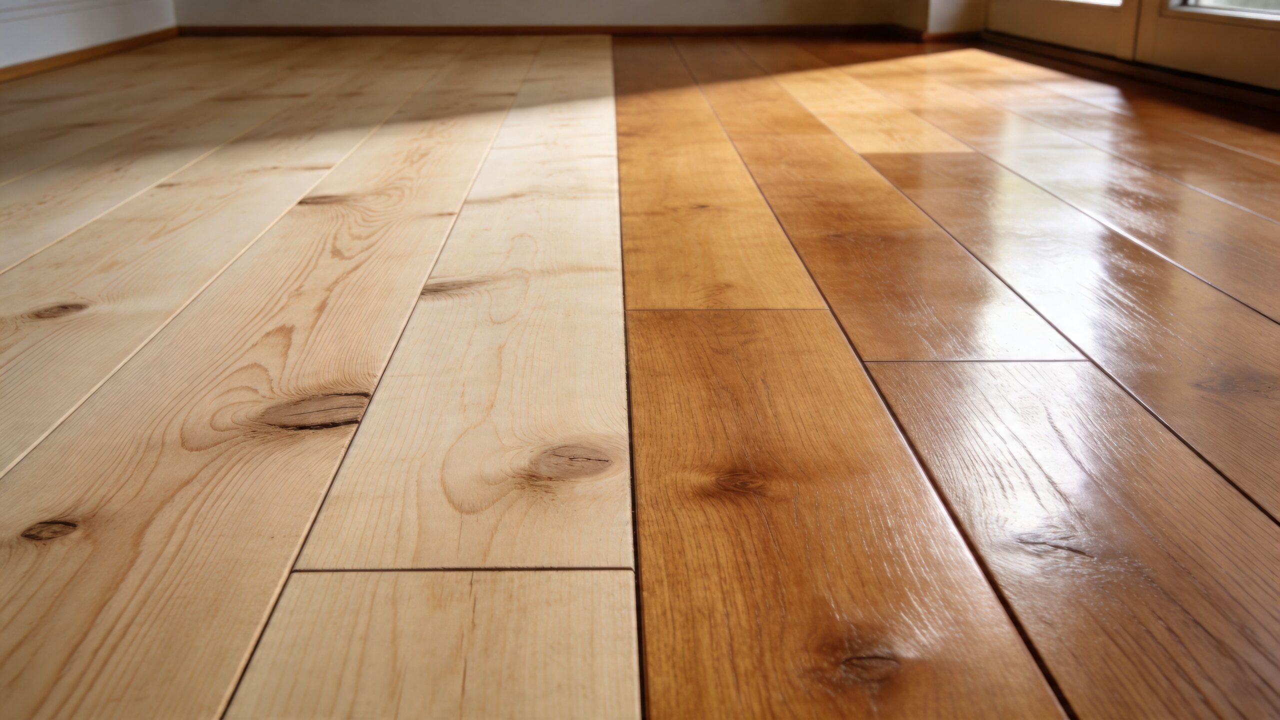 Før og efter billede af et trægulv, der viser forskellen mellem ubehandlet træ og nyslebet, lakeret gulv.