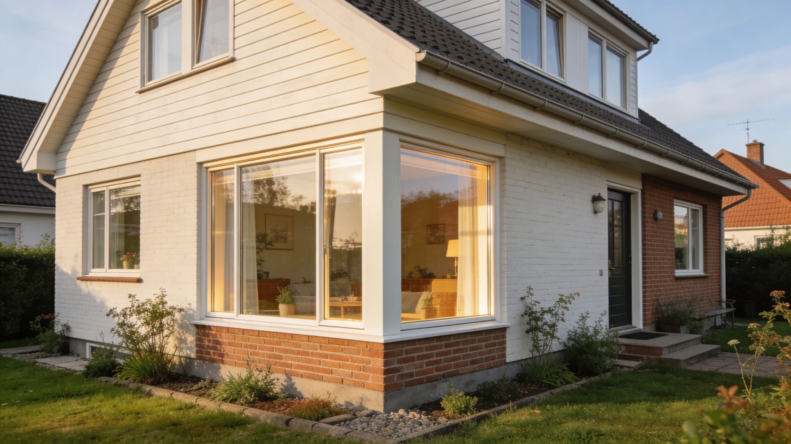Et moderne parcelhus med hvid facade, murede detaljer og store, oplyste vinduespartier i en flot have.
