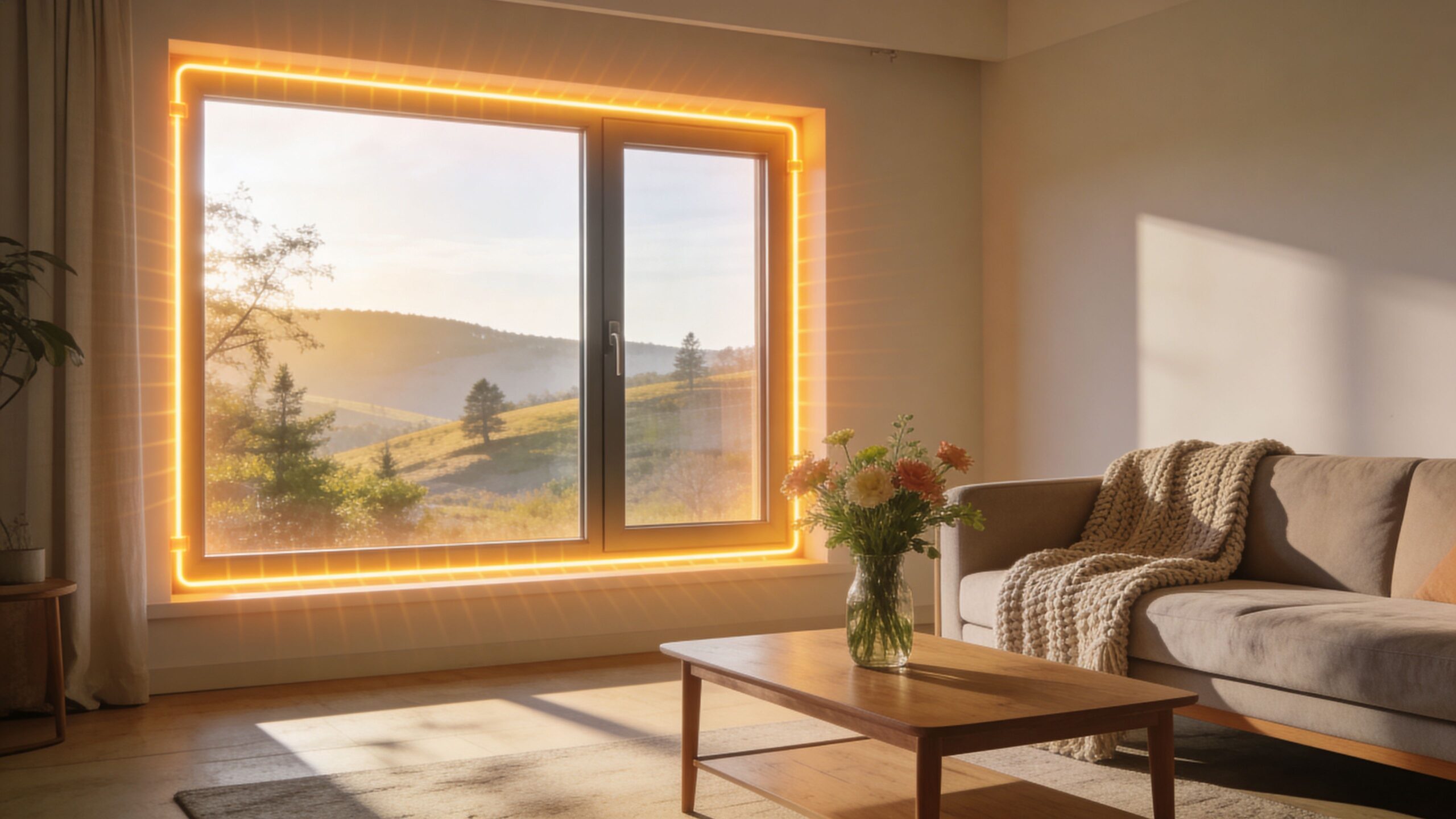 En soloplyst stue med et moderne vindue med en lysende ramme og en komfortabel sofa med tæppe.