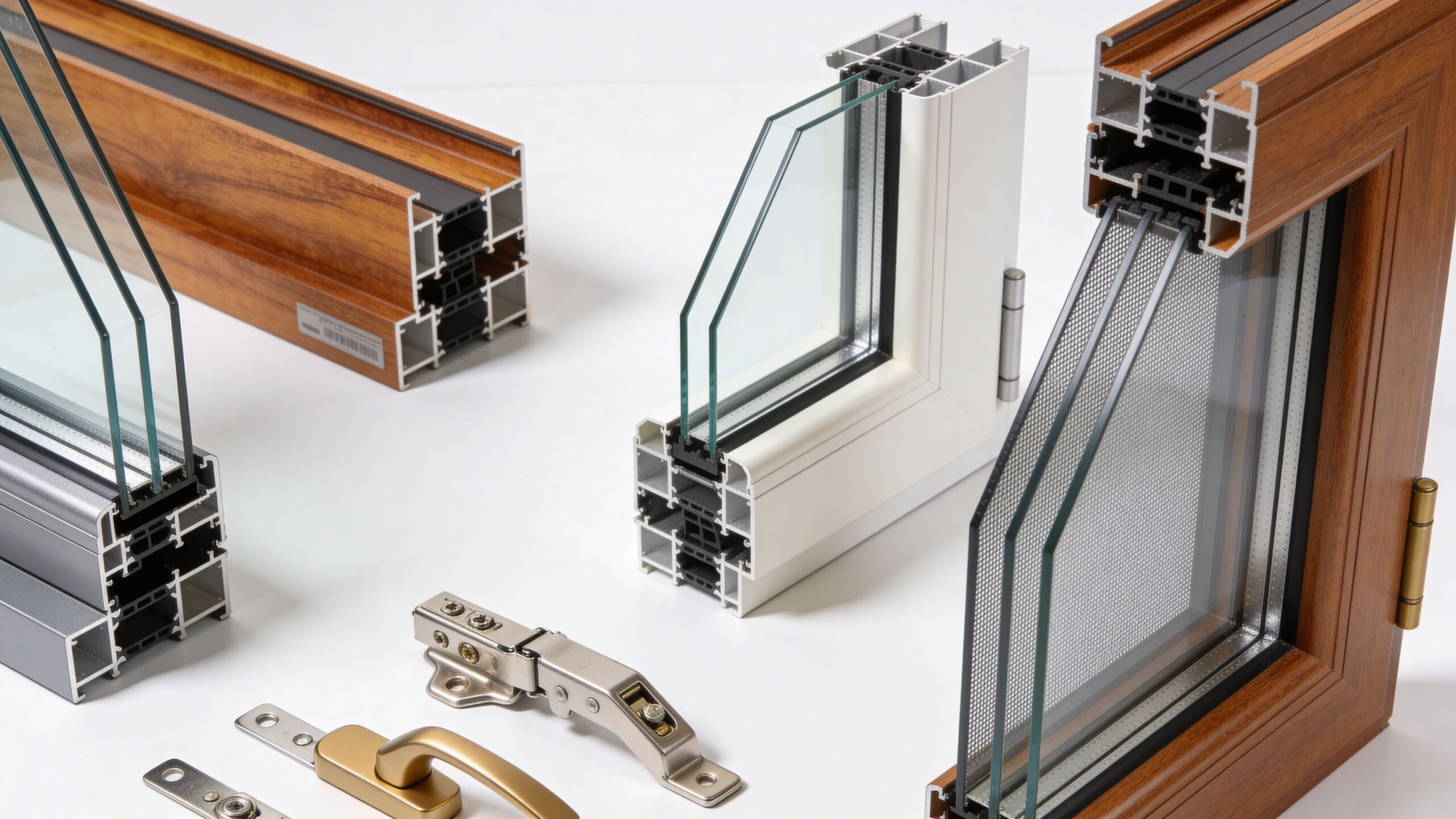 Nærbillede af vinduesprofiler, moderne greb og hængsler til montering af nye energieffektive vinduer i et hjem.